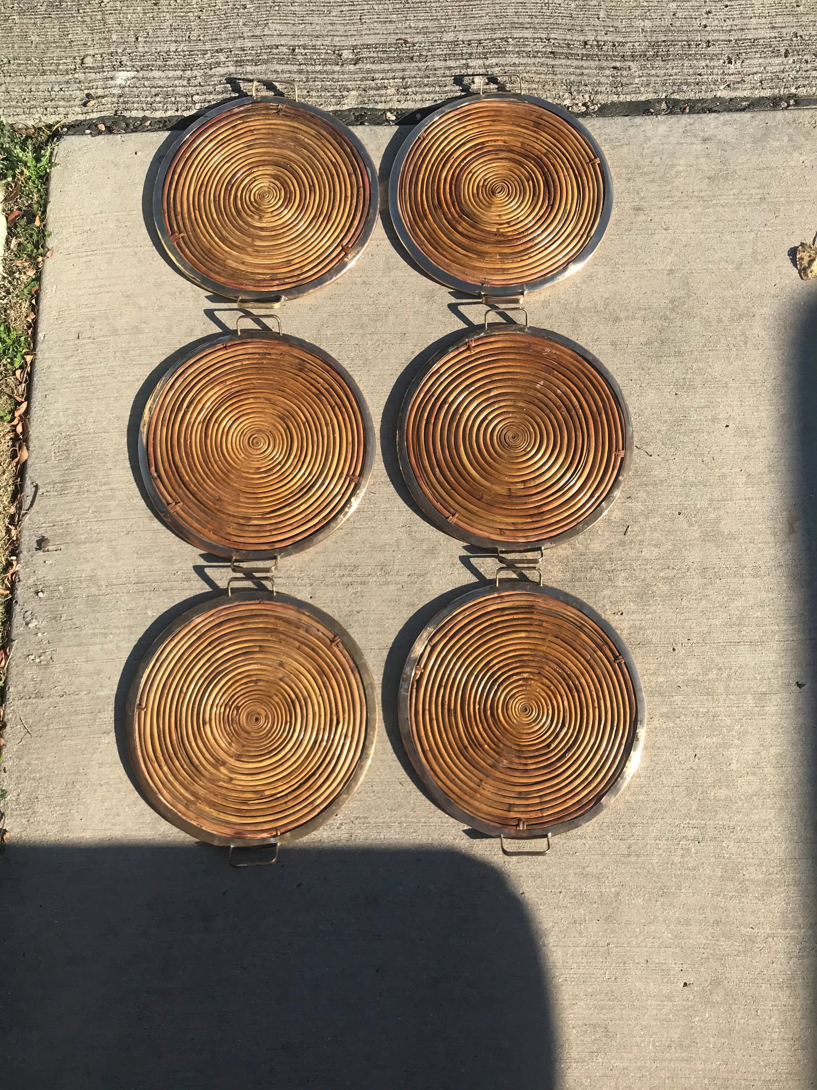 Gabriella Crespi Style Vintage Pencil Reed Coiled Bamboo Brass Rim Tray - 9