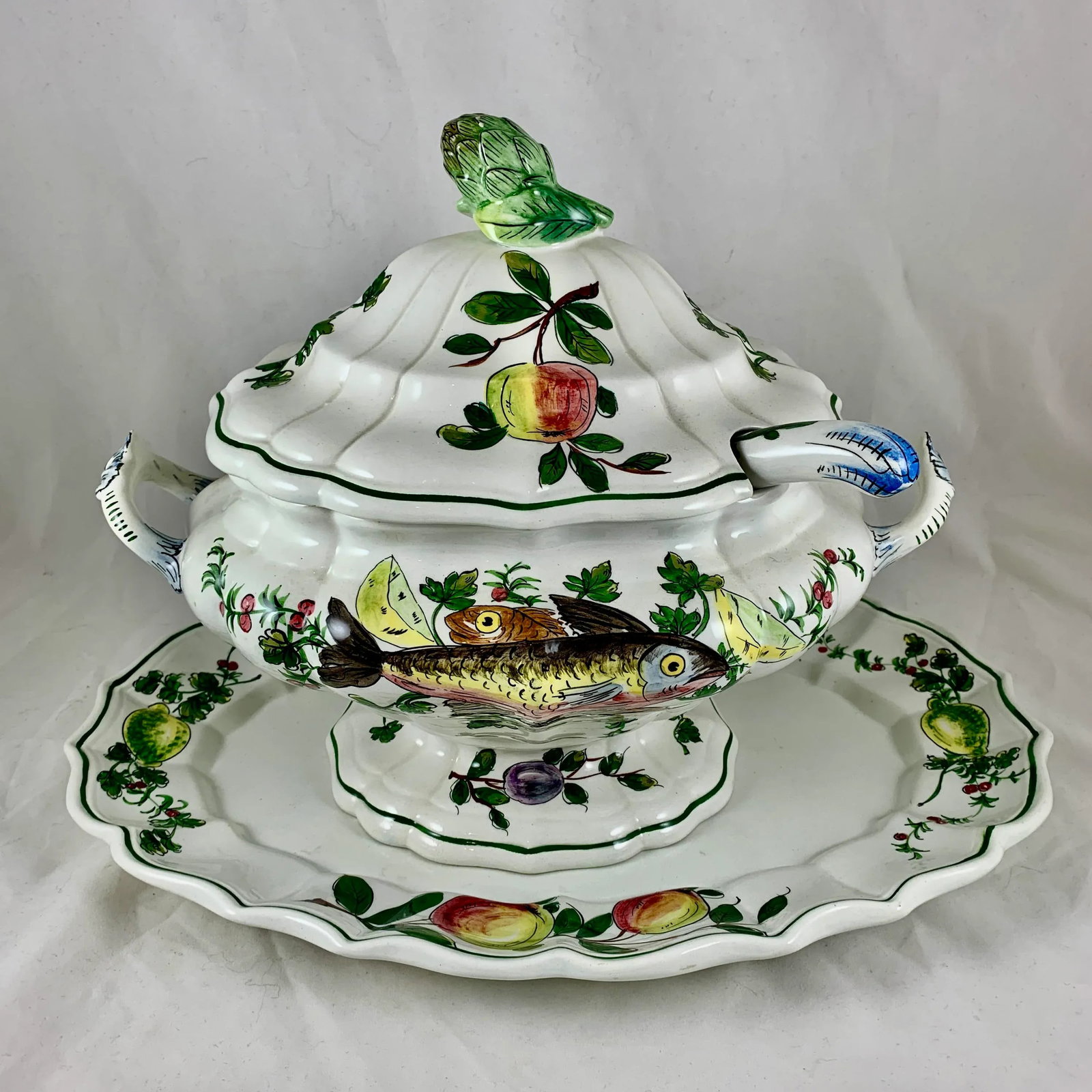 Mid-Century Italian Hand Painted Fish & Fruit Tureen With Ladle & Under Platter - 13