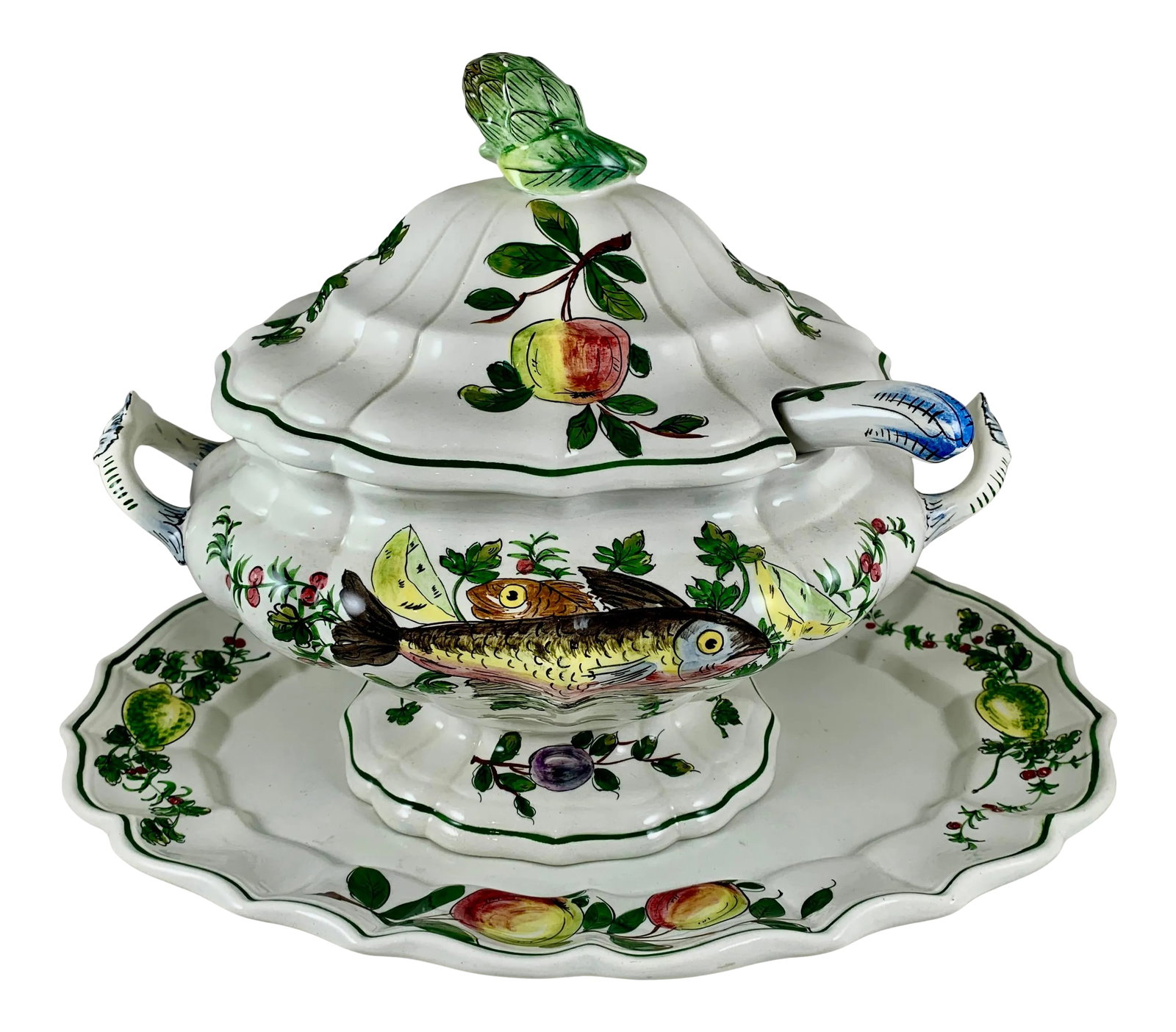 Mid-Century Italian Hand Painted Fish & Fruit Tureen With Ladle & Under Platter: A hand painted Mid-Century Italian earthenware tureen set, circa 1950s. Fabulous Display! A perfect table center. The four piece service includes the lidded tureen, ladle, and a large undertray.