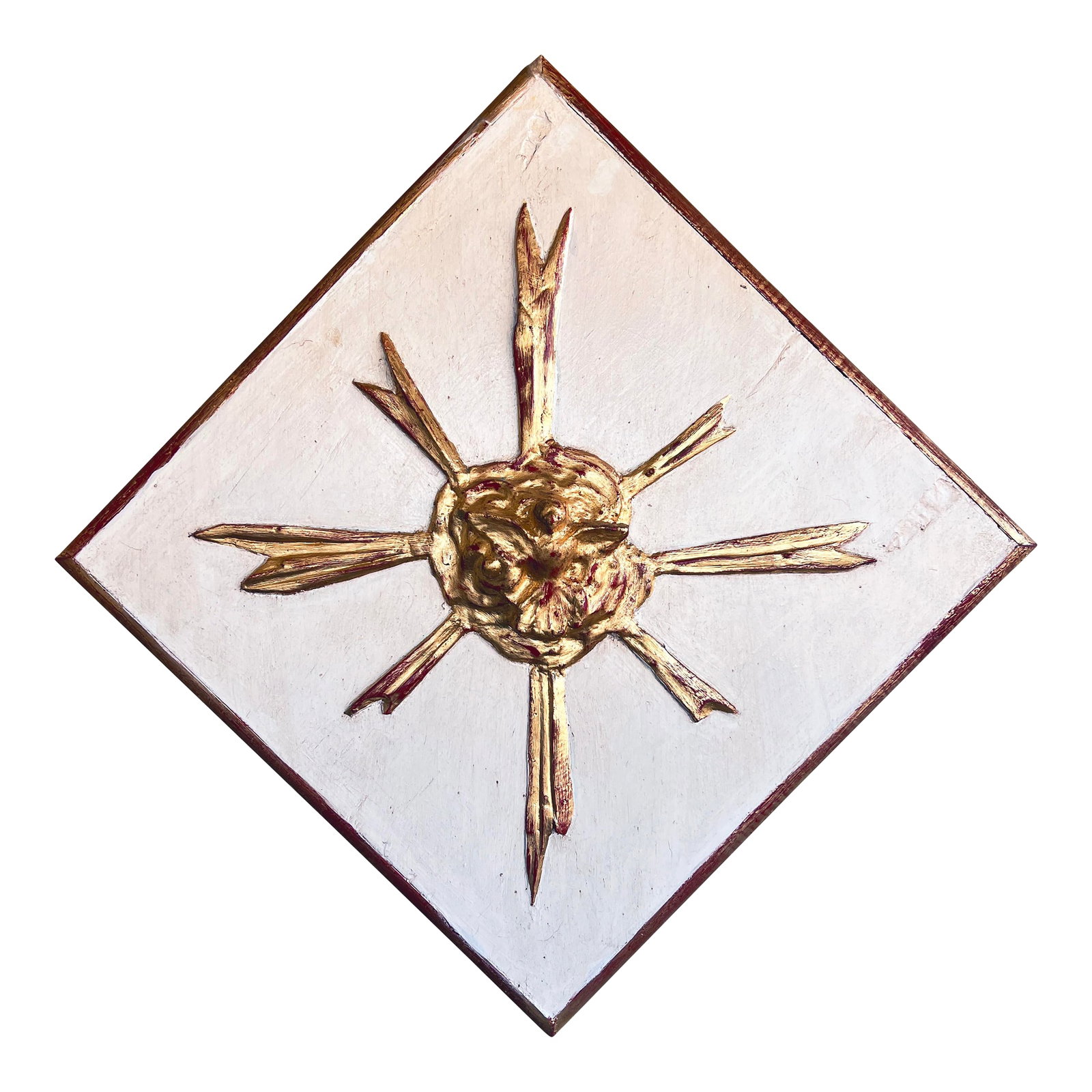 Wall Hanging Italian Baroque Style Giltwood and Gesso Sunburst Panel With Carved Pigeon: Beautiful detailed Italian baroque style giltwood and painted wall hanging diamond shape framed sunburst panel. The gilt sunburst is displayed on the white painted ground and surrounded with thin