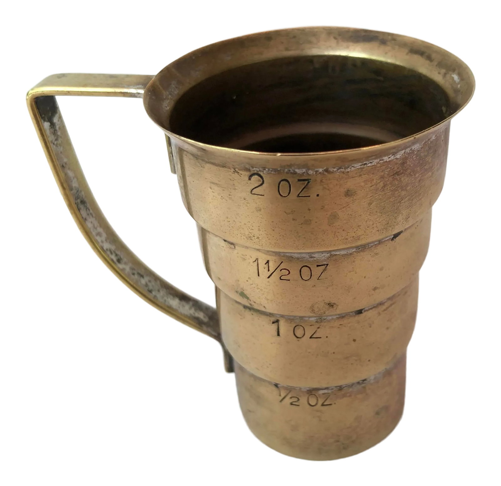 1930s Napier Stepped Jigger: 1930s Napier stepped jigger in silverplate. An iconic Art Deco bar tool with measurements in 1/2 oz. increments (1/2 oz - 2 oz). Marked "Napier" on underside of handle. Condition: Alterations: