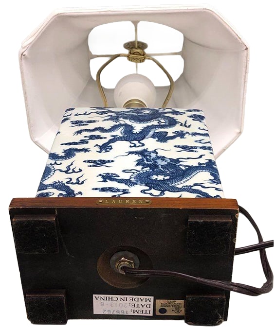 Rare Vintage Ralph Lauren Blue & White Dragon Chinoiserie Porcelain Table Lamp With Brass and Wood B - 15