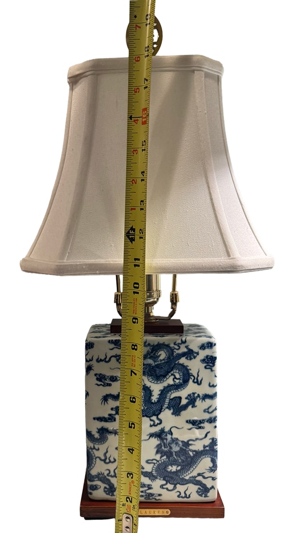 Rare Vintage Ralph Lauren Blue & White Dragon Chinoiserie Porcelain Table Lamp With Brass and Wood B - 16