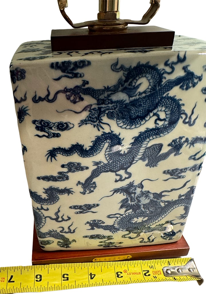 Rare Vintage Ralph Lauren Blue & White Dragon Chinoiserie Porcelain Table Lamp With Brass and Wood B - 17