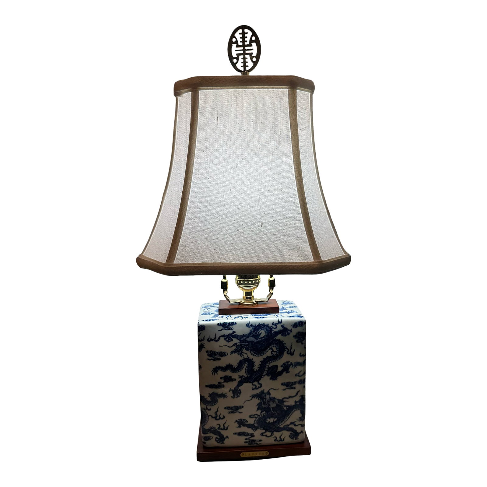 Rare Vintage Ralph Lauren Blue & White Dragon Chinoiserie Porcelain Table Lamp With Brass and Wood B: Elegant, blue-and-white, porcelain table lamp by Ralph Lauren. Rare, hard-to-find and discontinued dragon motif in the Chinoiserie tradition. New, similar-style lamps by Ralph Lauren list over