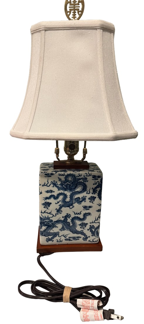 Rare Vintage Ralph Lauren Blue & White Dragon Chinoiserie Porcelain Table Lamp With Brass and Wood B - 2