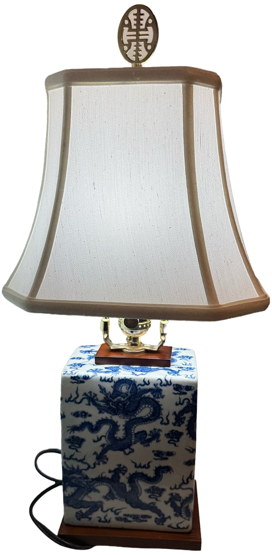 Rare Vintage Ralph Lauren Blue & White Dragon Chinoiserie Porcelain Table Lamp With Brass and Wood B - 3