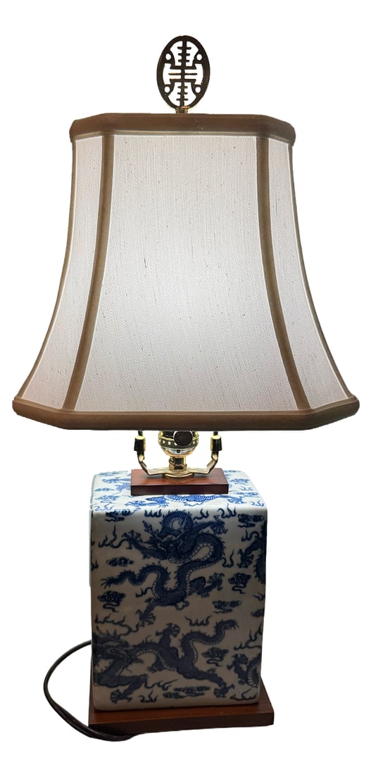Rare Vintage Ralph Lauren Blue & White Dragon Chinoiserie Porcelain Table Lamp With Brass and Wood B - 4