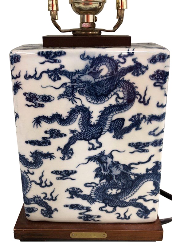 Rare Vintage Ralph Lauren Blue & White Dragon Chinoiserie Porcelain Table Lamp With Brass and Wood B - 6