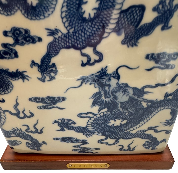 Rare Vintage Ralph Lauren Blue & White Dragon Chinoiserie Porcelain Table Lamp With Brass and Wood B - 8