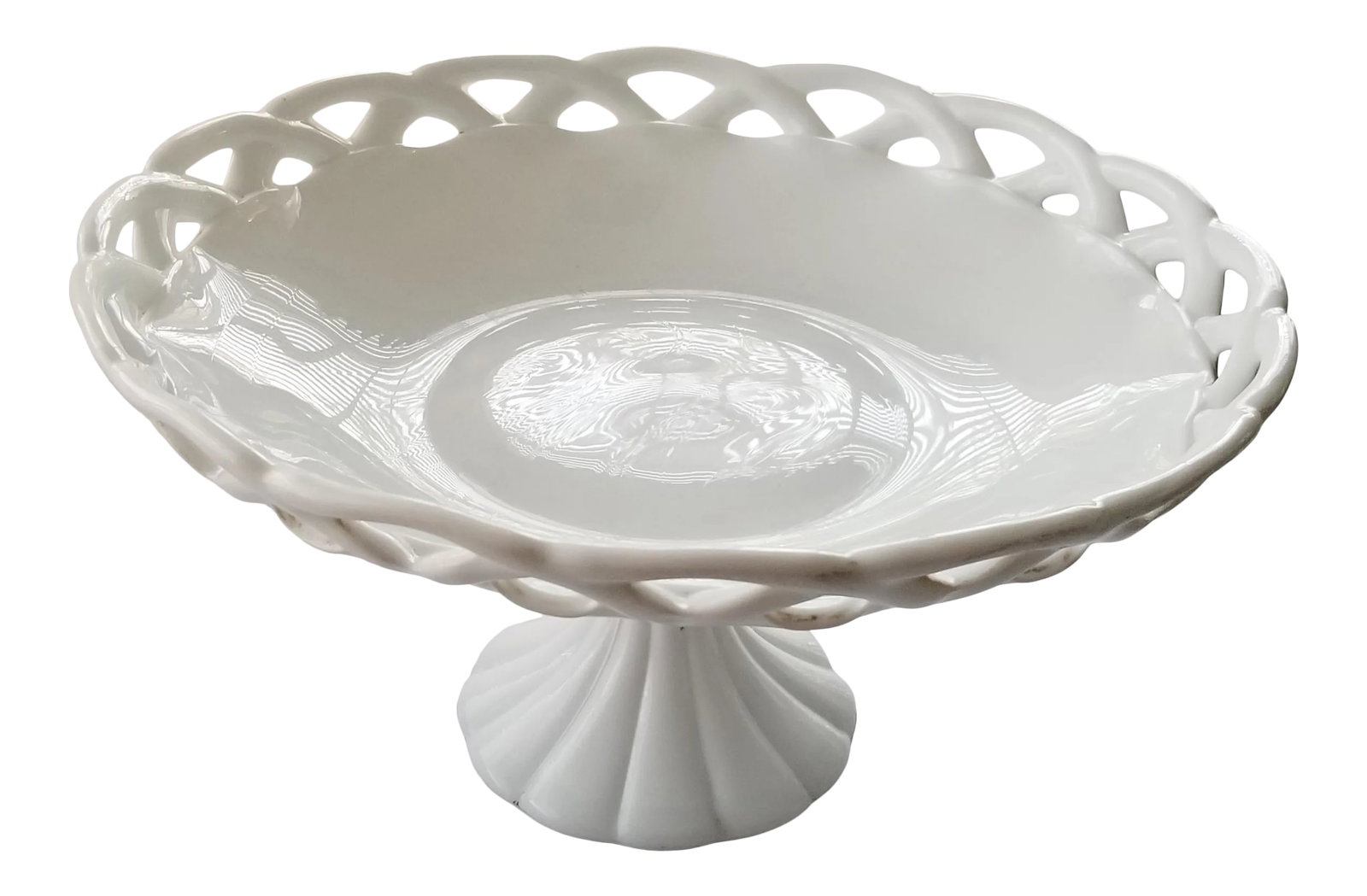Vintage Fenton Extra Large Milk Glass Pedestal Bowl: We love this extraordinary Fenton white fruit bowl on a pedestal for the popular pressed milk glass and extra-large size! The platter is not flat, but bowl-shaped with a lattice/lace detailed edge.