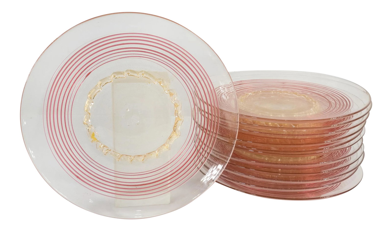 Mid 20th Century Italian Murano Venetian Glass Dinner or Salad Plates - Set of 12: We are selling this lovely large set of 12 Italian glass dinner or salad plates. These great plates have clear glass body with bright pink ribbons and gold specks within the clear glass. The glasses