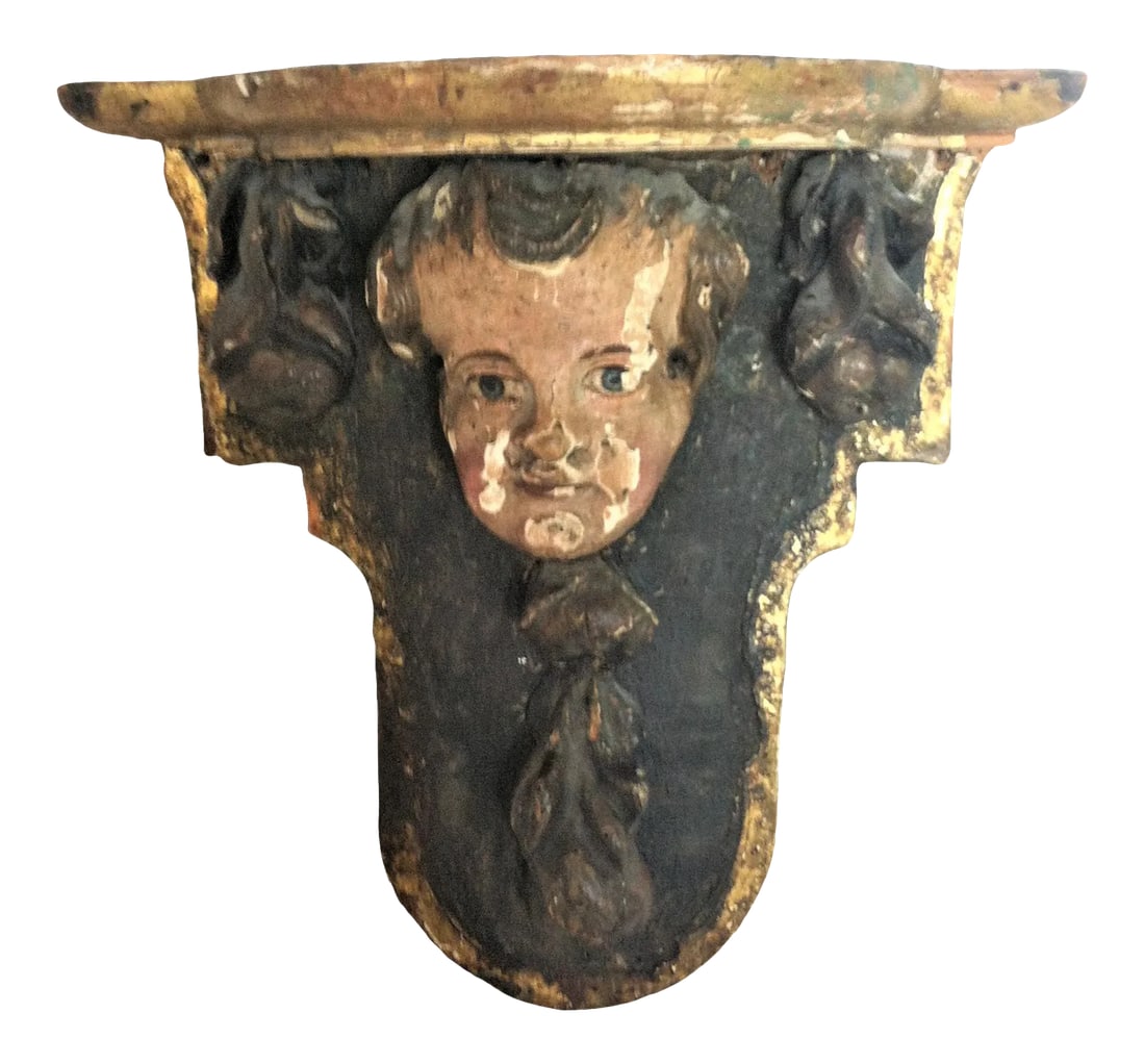 19th Century Cherub Wall Shelf With Polychrome: Early 19th century wood wall shelf - very old multi-colored painted item Condition: Alterations: Unknown Imperfections: Some Imperfections Condition Notes: The aging of this piece contributes to it's