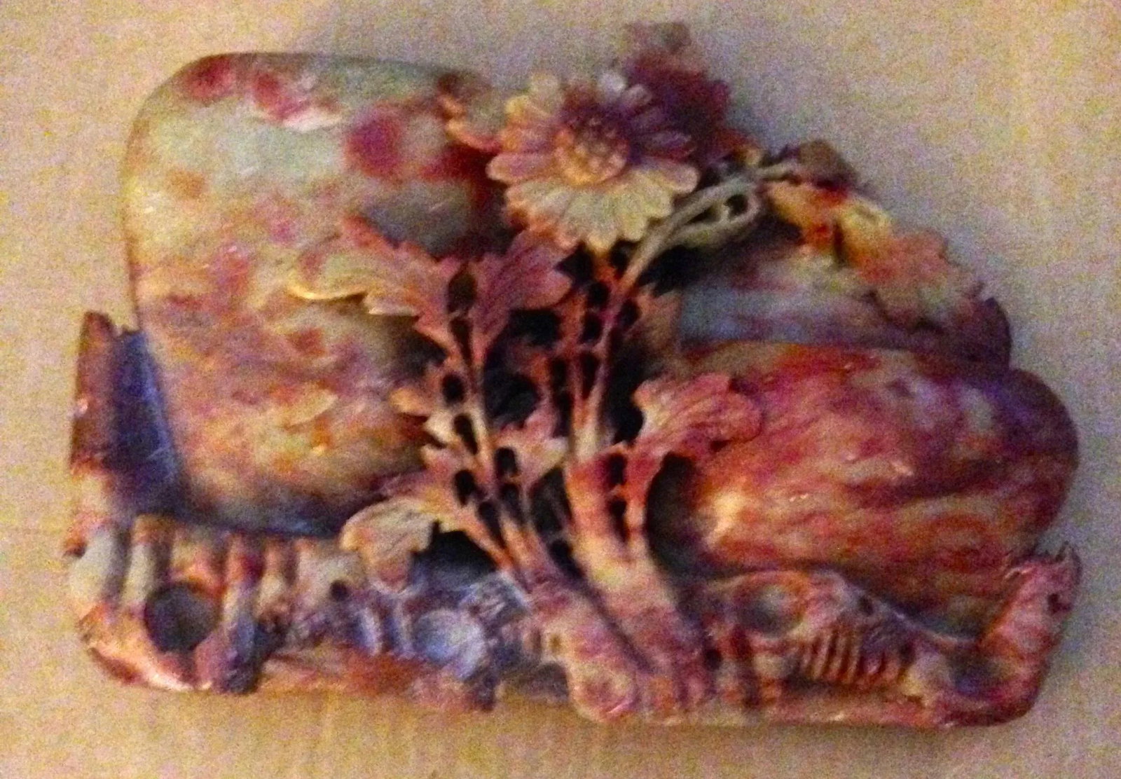 Antique 1800s Chinese Hand Carved Marbled Red Brown Floral Motif Brush Washer - 10