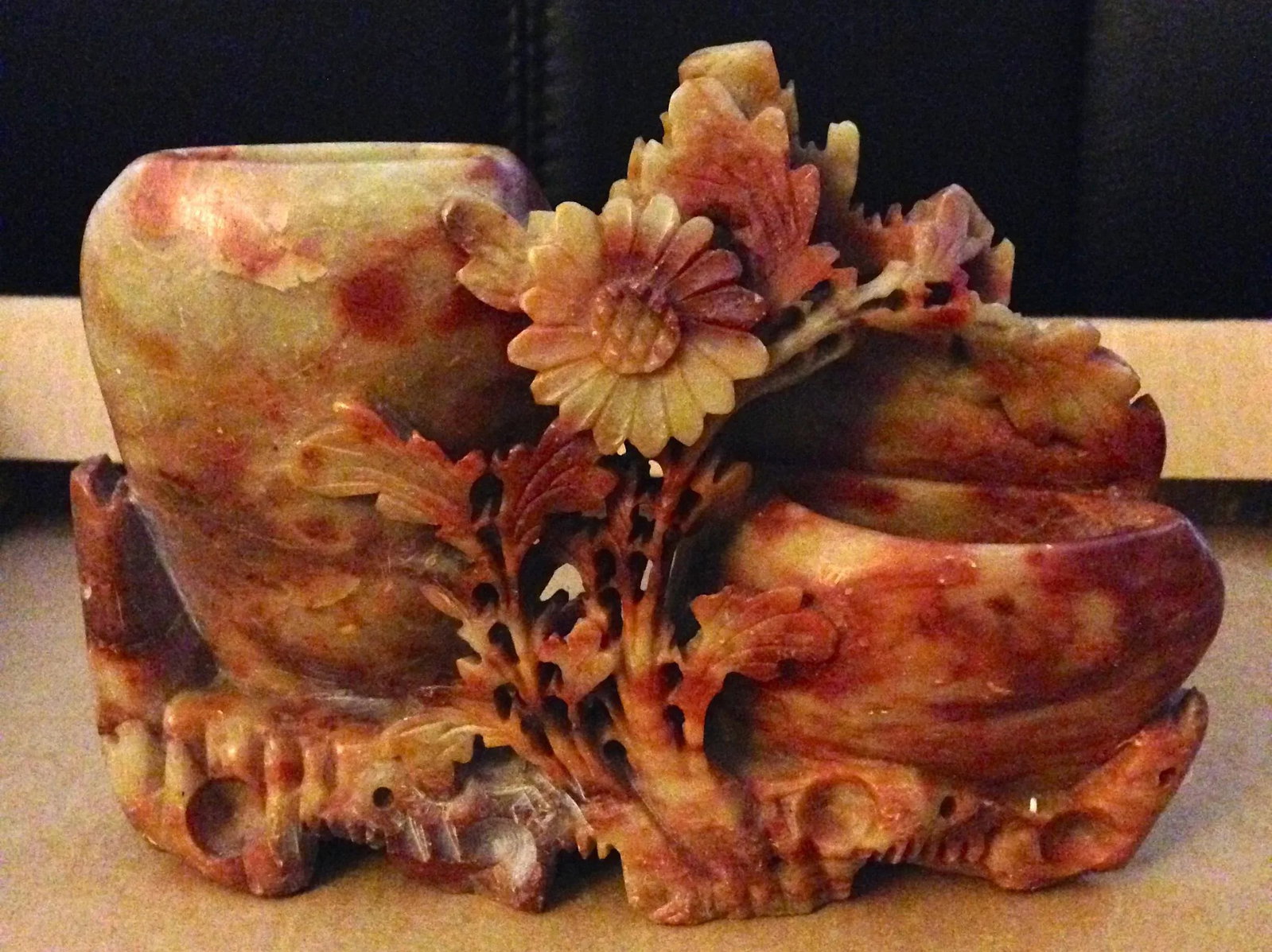 Antique 1800s Chinese Hand Carved Marbled Red Brown Floral Motif Brush Washer - 11