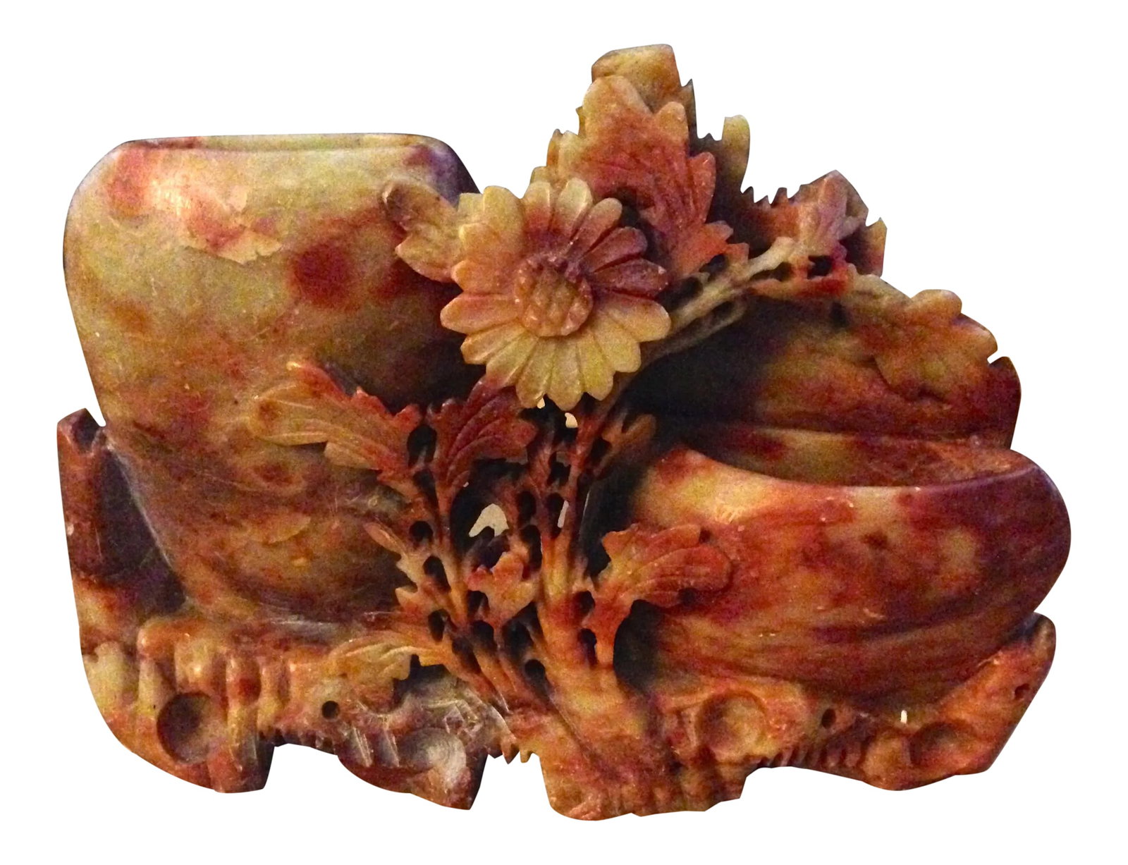 Antique 1800s Chinese Hand Carved Marbled Red Brown Floral Motif Brush Washer: This is a unique, hard-to-find, antique, excellent condition, hand crafted "hand carved marbled reddish brown floral motif flower design scholars double pot brush washer" handmade in China in the