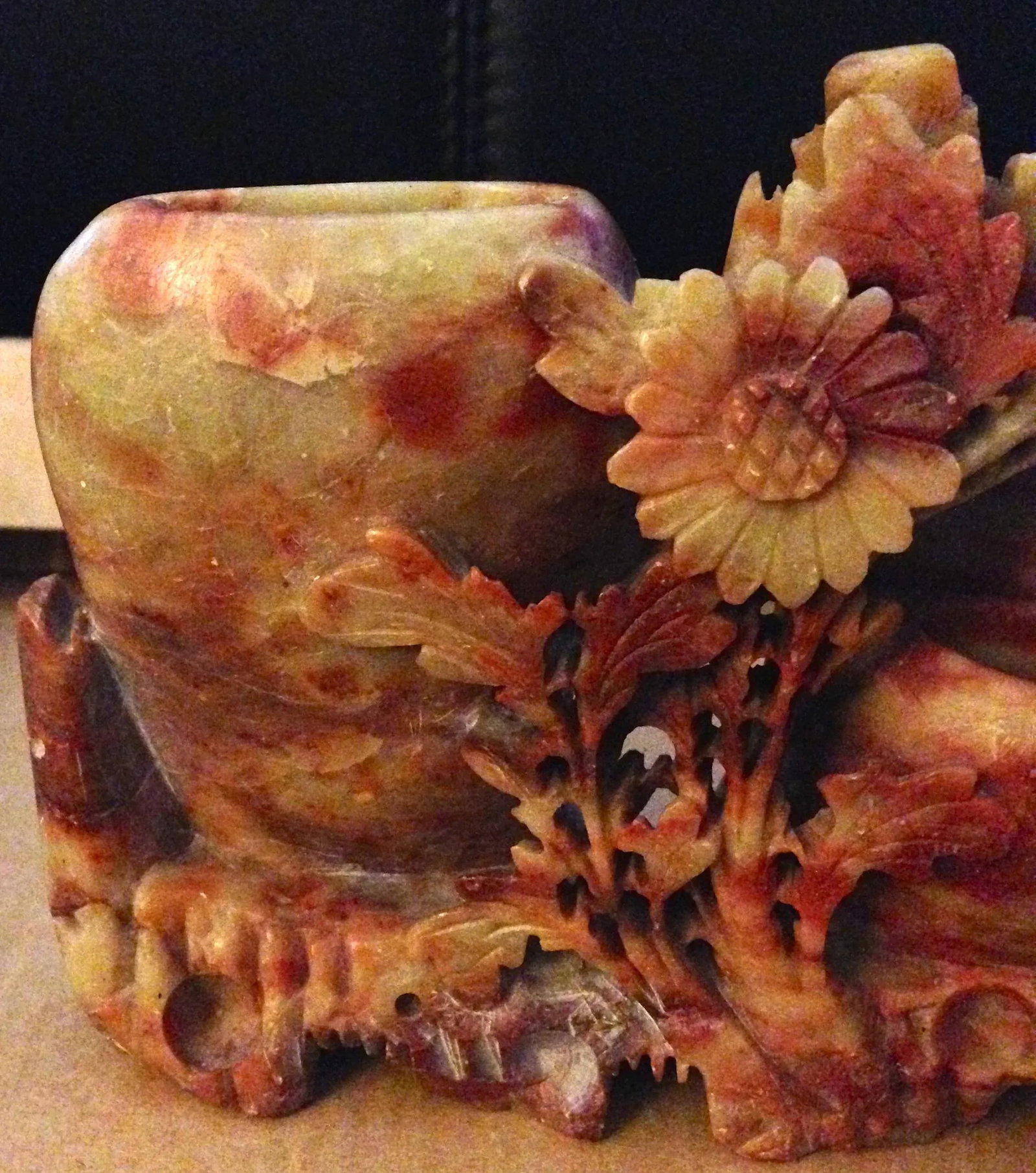 Antique 1800s Chinese Hand Carved Marbled Red Brown Floral Motif Brush Washer - 2