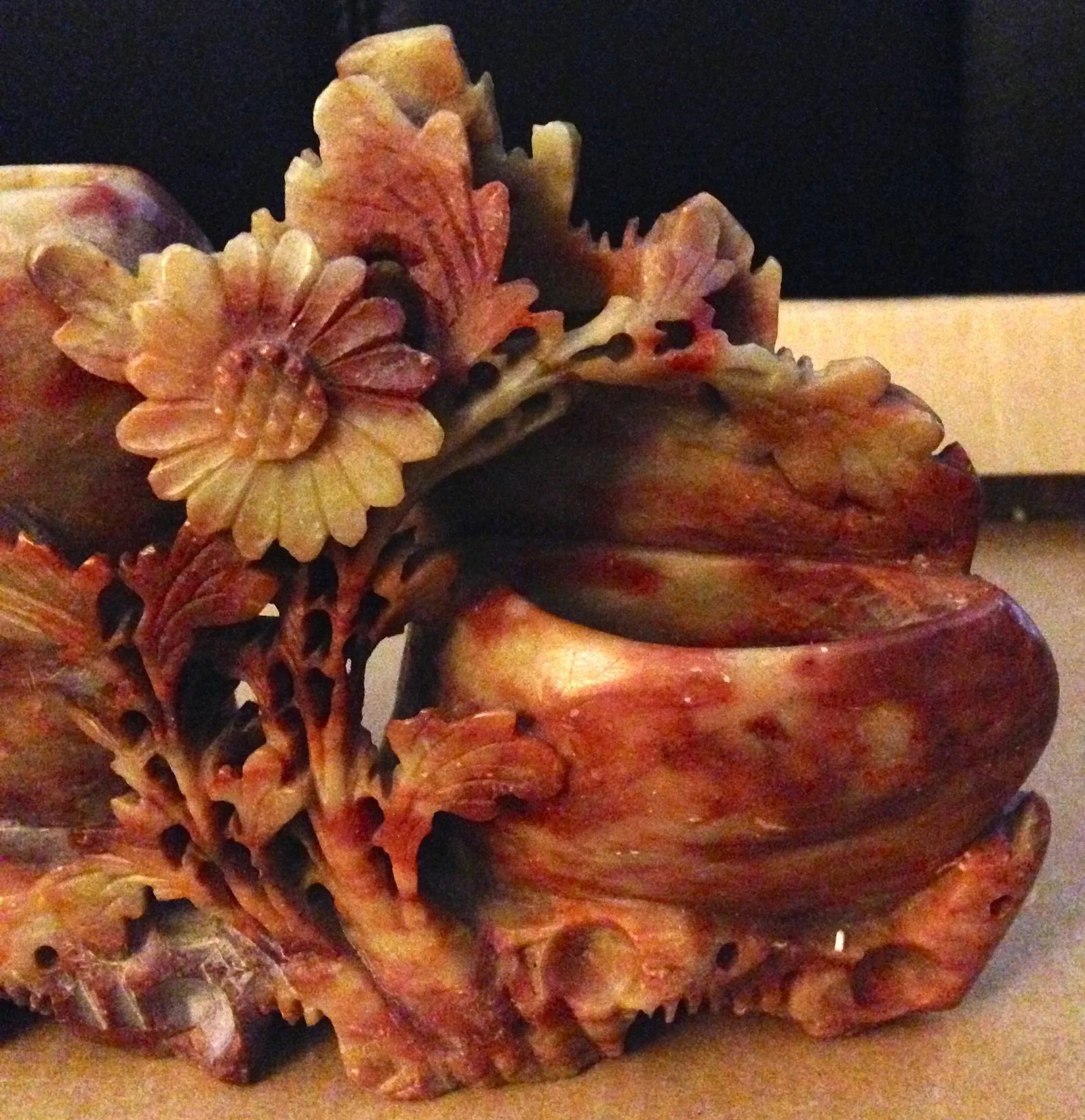 Antique 1800s Chinese Hand Carved Marbled Red Brown Floral Motif Brush Washer - 3