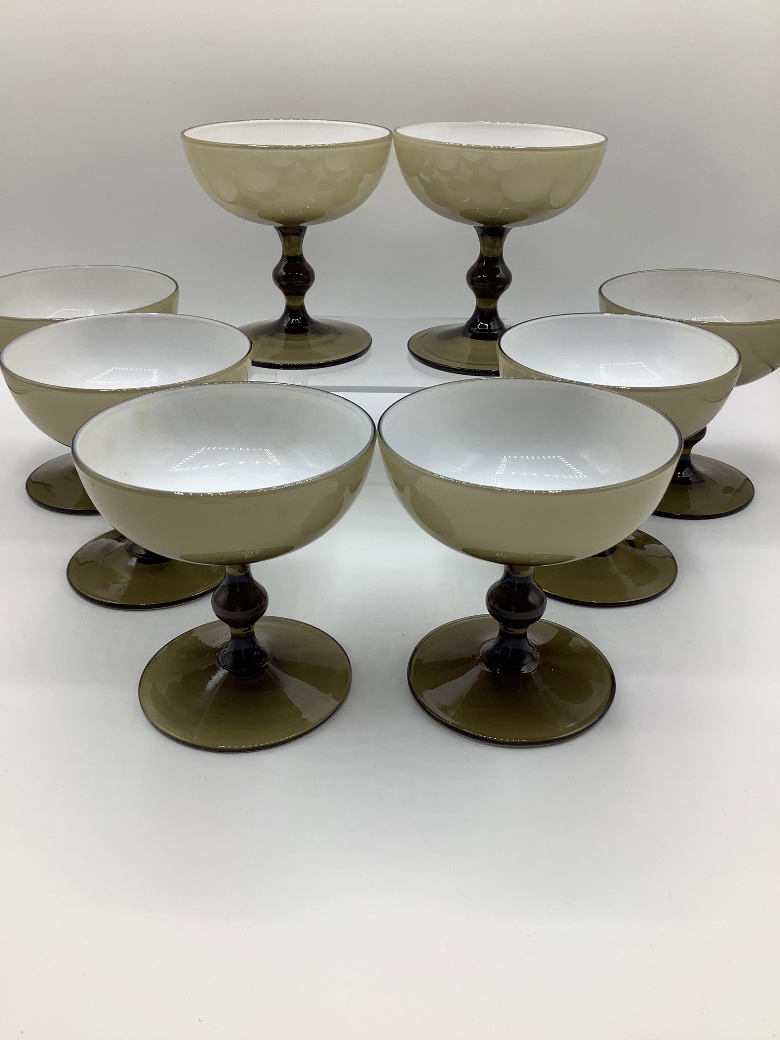 Vintage Carlo Moretti Italy Smoke Taupe White Cased Glass Champagne Coupes Glasses - Set of 8 - 2