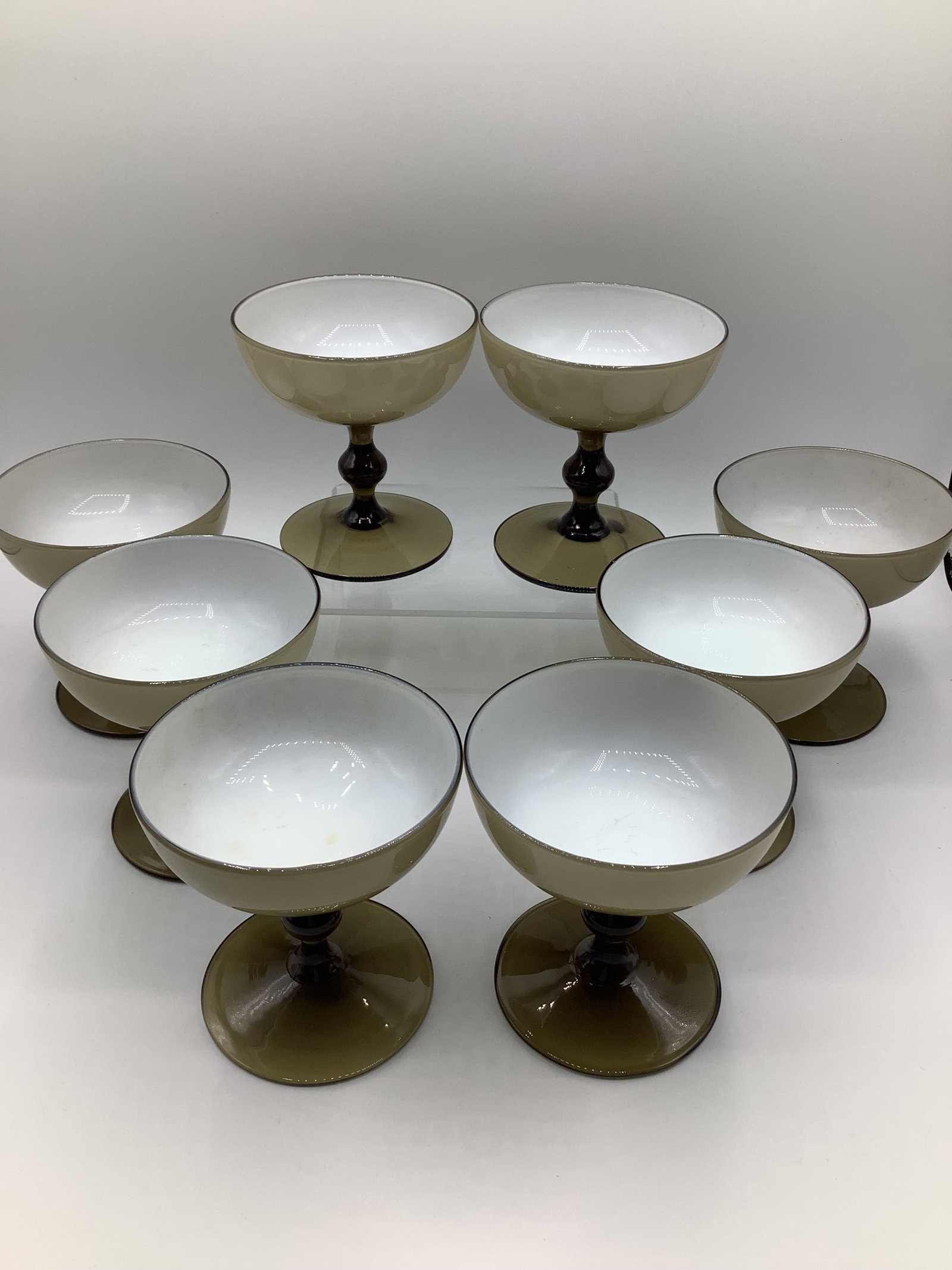 Vintage Carlo Moretti Italy Smoke Taupe White Cased Glass Champagne Coupes Glasses - Set of 8 - 5