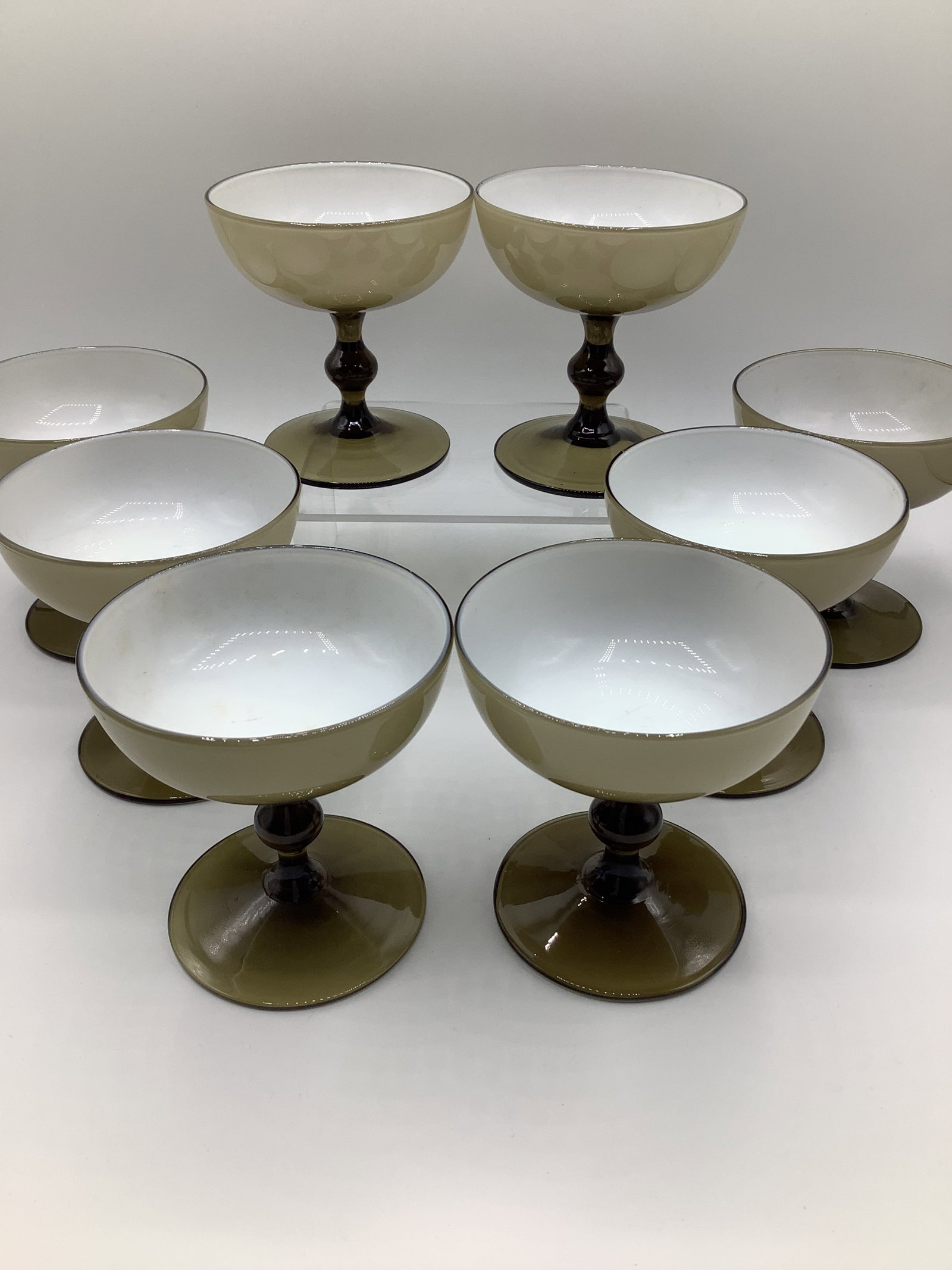 Vintage Carlo Moretti Italy Smoke Taupe White Cased Glass Champagne Coupes Glasses - Set of 8 - 6