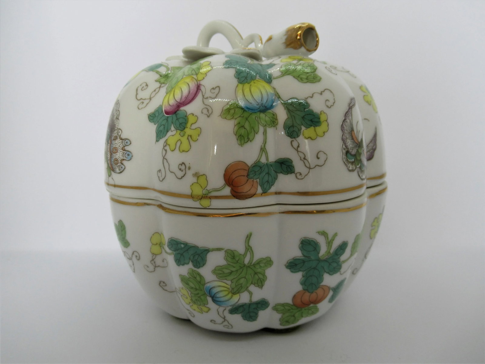 Vintage Chinoiserie Porcelain Pumpkin Shaped Lidded Jar Hand Decorated - 12