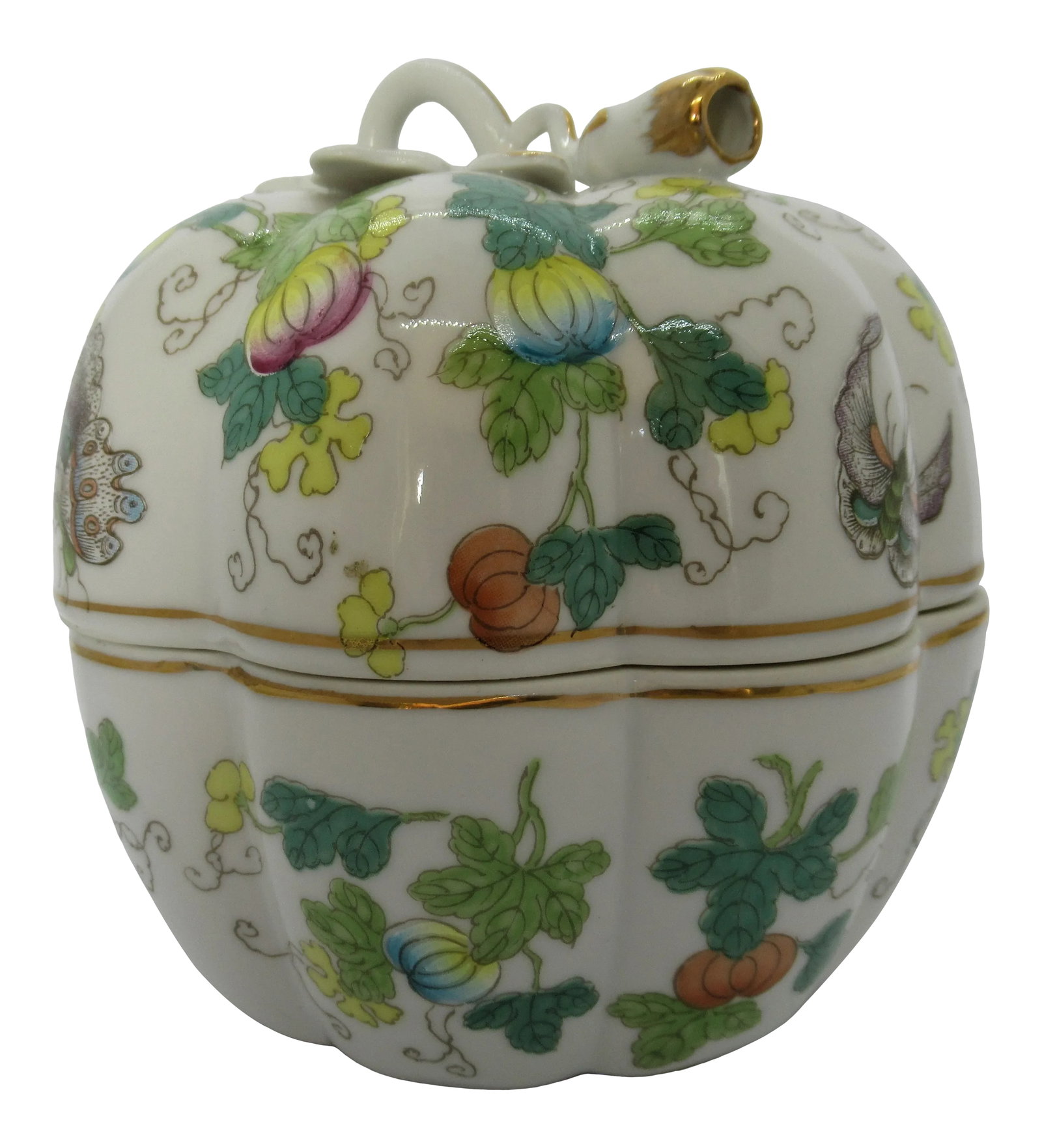 Vintage Chinoiserie Porcelain Pumpkin Shaped Lidded Jar Hand Decorated: Hand decorated and accented with 24K gold, this Chinoiserie style melon shaped porcelain dish is stunning. Twining, flowering garden vines, butterflies in flight and a delicate bud finial nestled
