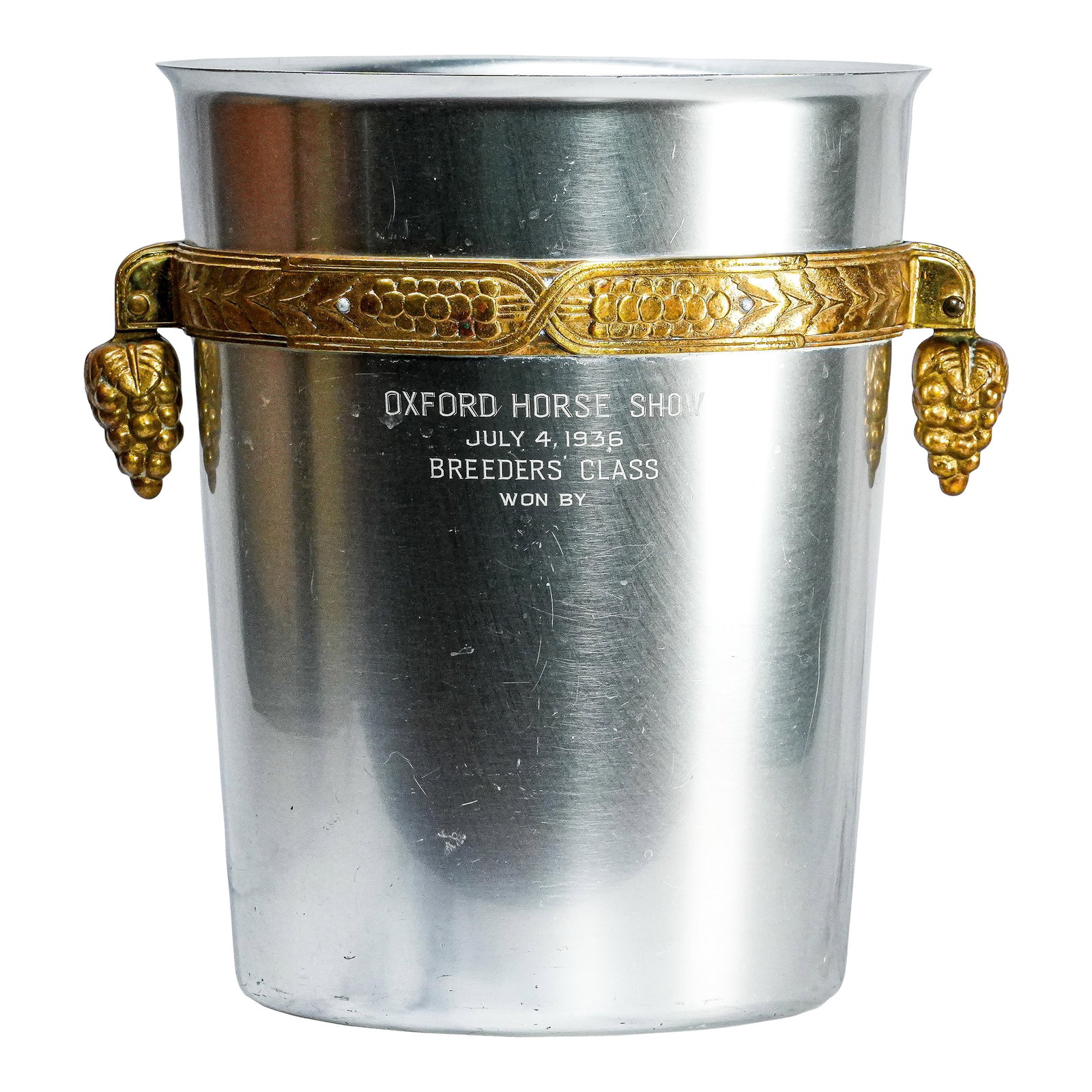 1930s Incredible Art Deco Antique Aluminum Brass Wine Cooler Ice Bucket Grape Design Trophy Presenta: A striking blend of modernist elegance and sporting history, this Art Deco aluminum Coldchester wine cooler was designed by Lurelle Guild for Kensington Ware circa 1930. Its clean, tapering aluminum