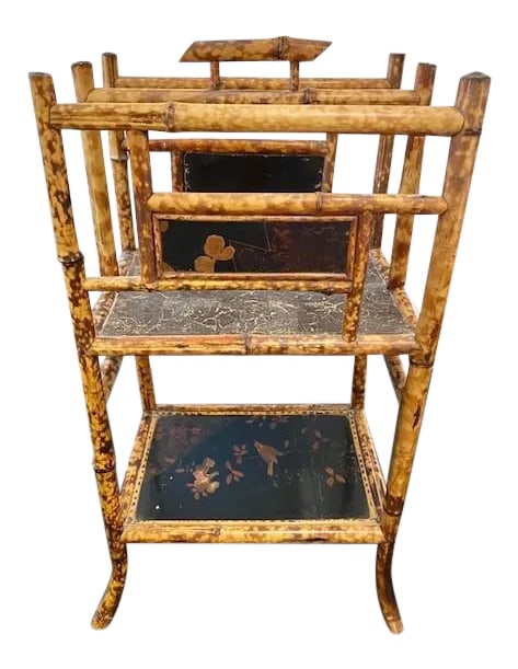 19th Century English Bamboo Chinoiserie Tortoise Shell Magazine Stand: Wonderful 19th century English bamboo chinoiserie magazine rack stand Canterbury. This lovely piece would make a perfect accessory in a powder bath to display books or guest towels. It also can be