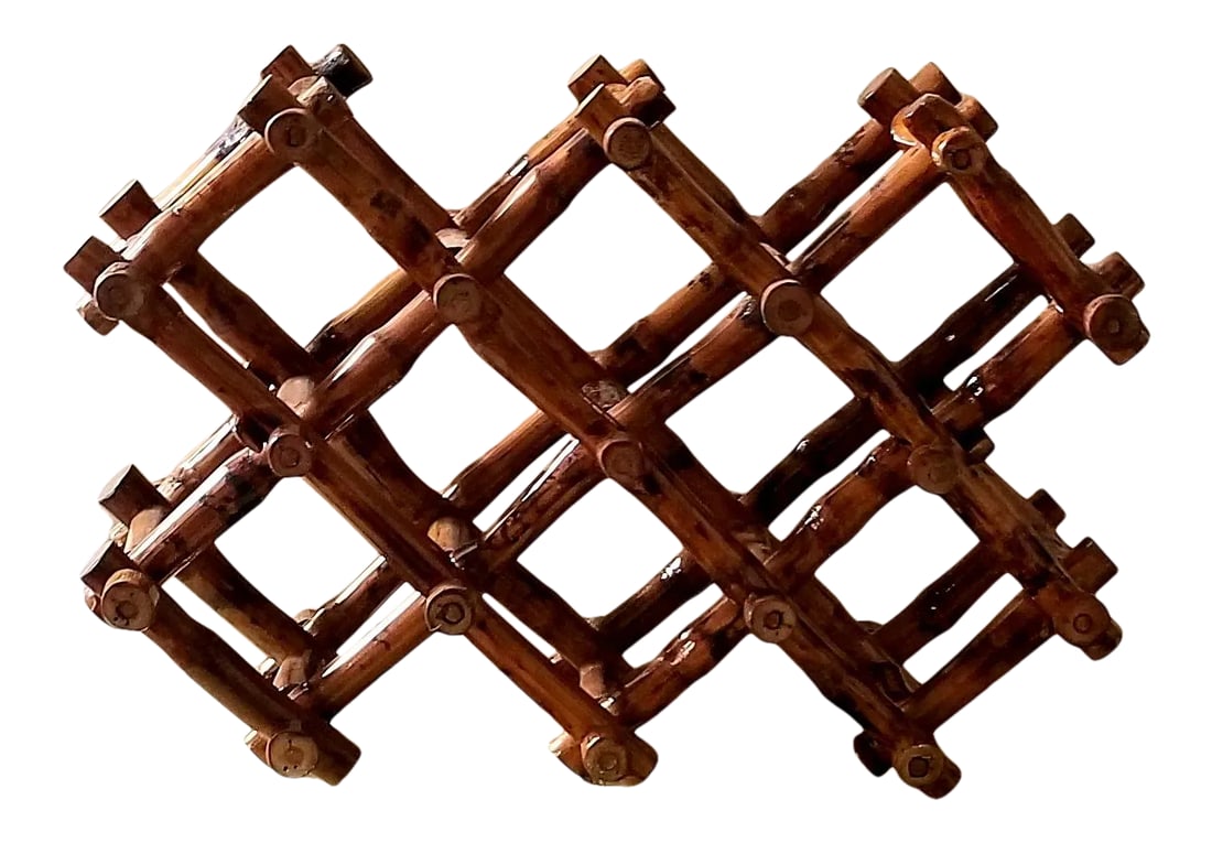 Vintage Varnished Scorched Bamboo Expandable Wine Rack: We love this extraordinary mid-century scorched bamboo expandable wine rack for the shiny varnished finish, thick and heavy construction and collapsible storage capacity. The ends of each bamboo