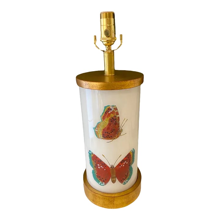 Terracotta Butterfly Study Lamp by Liz Marsh: Rich colors on hand painted butterfly study in shades of terracotta, rust, mustard, and jade green with distressed gilt base and cap allowing the terra-cotta bole to peek through. The perfect desk