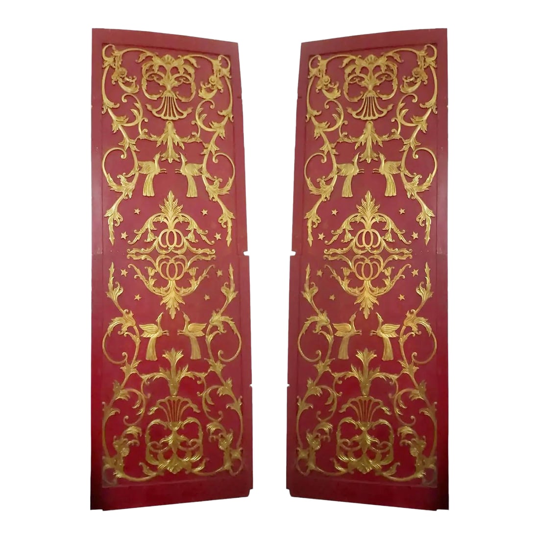 French Antique Chinoiserie Wall Panels - Set of Two: Antique carved chinoiserie wall panels from France. Set of two book matched panels can be hung vertically or horizontally. Condition: Alterations: Original Condition Unaltered Imperfections: Some
