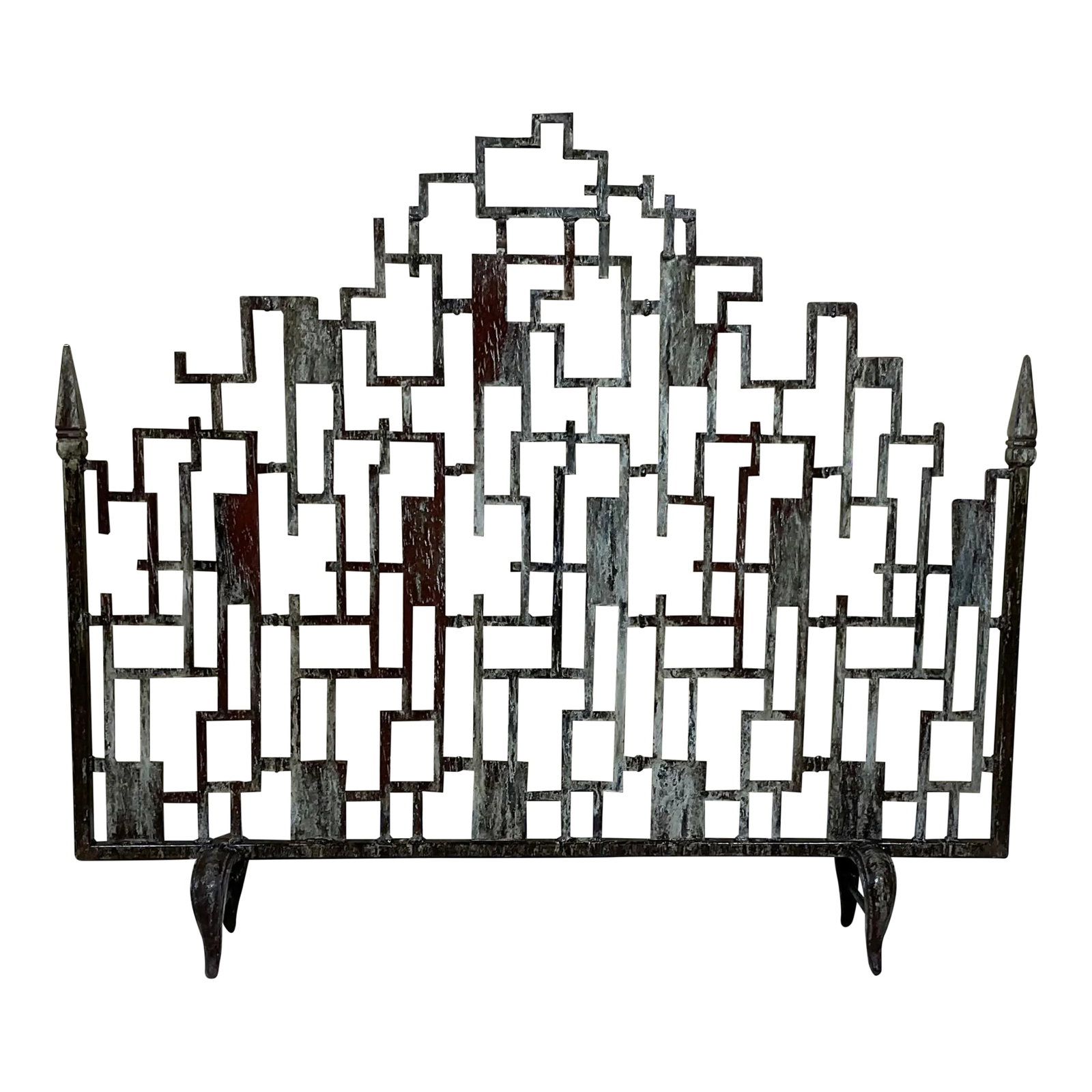 Cast Iron Cityscape Fireplace Screen: Elegant fireplace screen made of cast iron, artistic motif of Cityscape and very interesting patina make the fireplace screen very unique and decorative. The screen is treated and seal for rust.