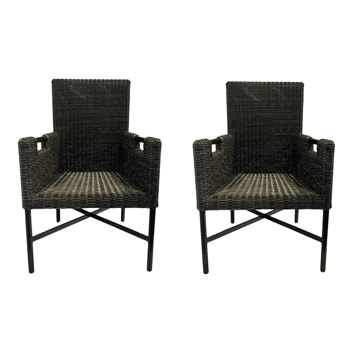 Thomas Pheasant for Baker / McGuire Modern Chocolate Brown Woven Resin Outdoor Dining Chairs Pair: Original Retail $4794, stylish Thomas Pheasant for McGuire Modern Chocolate Brown Woven Resin Outdoor Dining Chairs pair, showroom floor samples Condition: Imperfections: Some Imperfections Condition