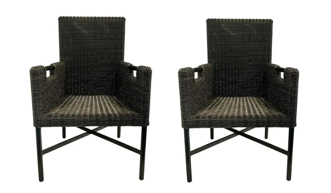 Thomas Pheasant for Baker / McGuire Modern Chocolate Brown Woven Resin Outdoor Dining Chairs Pair - 8