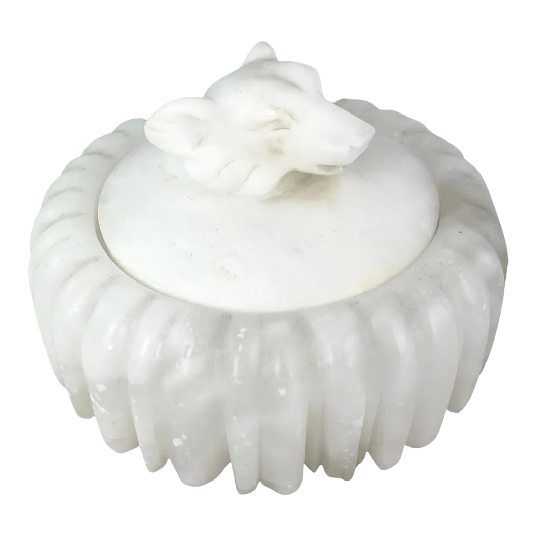 1950s Hand-Carved Italian Alabaster Wolf Box: 1950's hand-carved Italian alabaster box with figural wolf head handle and four paw feet.. Exquisite detail throughout. Signed "Genuine Alabaster Hand-carved in Italy By Ditta Prof Dessi 2059".
