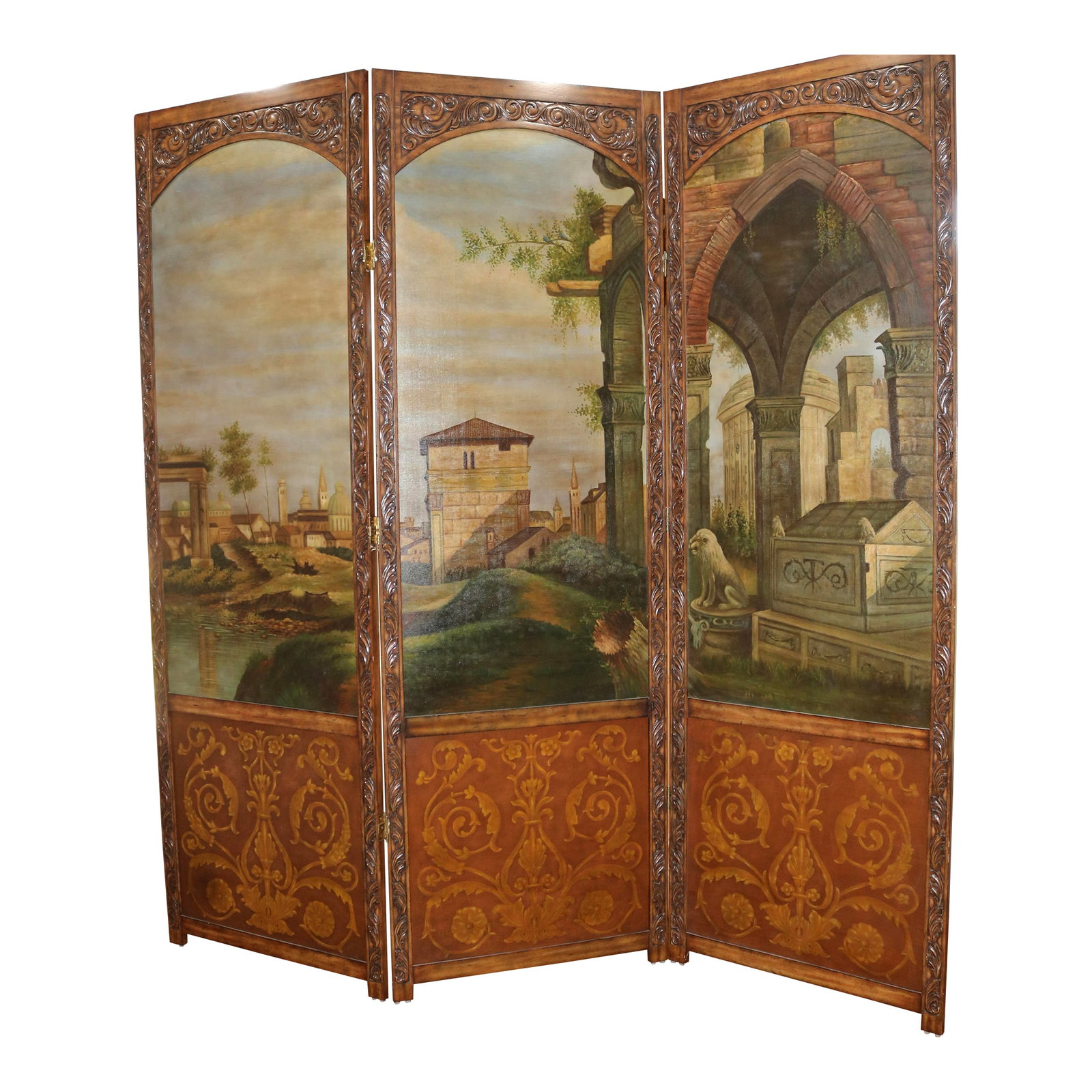 Italian Vintage Hand Carved Wood Room Divider Screen With Painted Scene of Tuscany Landscape: Italian Vintage Hand Carved Wood Room Divider Screen With Painted Scene of Tuscany Landscape. The screen is 86 inch high with 3 panels that are each 28 inch wide. The Italian Tuscany landscape on the