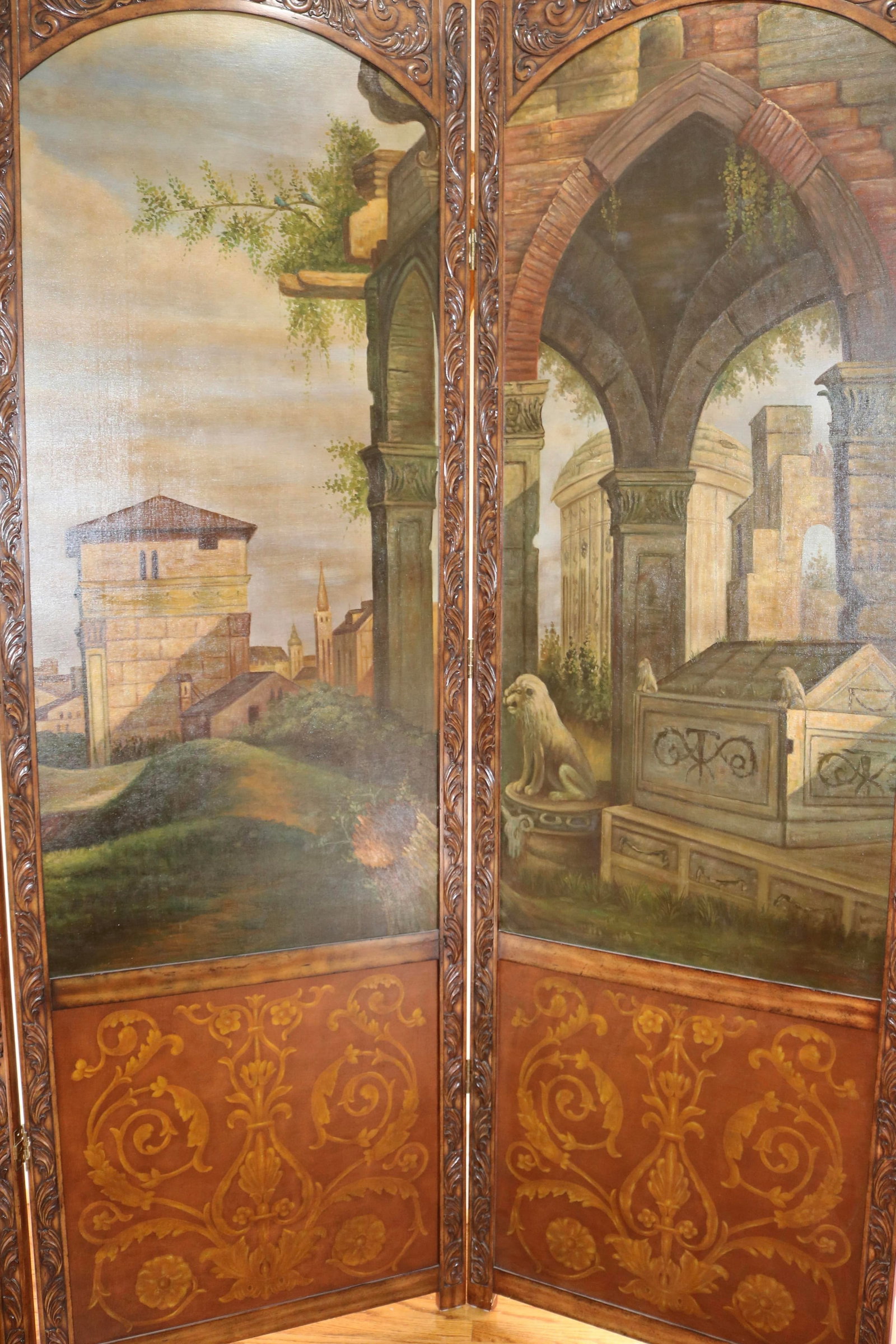 Italian Vintage Hand Carved Wood Room Divider Screen With Painted Scene of Tuscany Landscape - 2