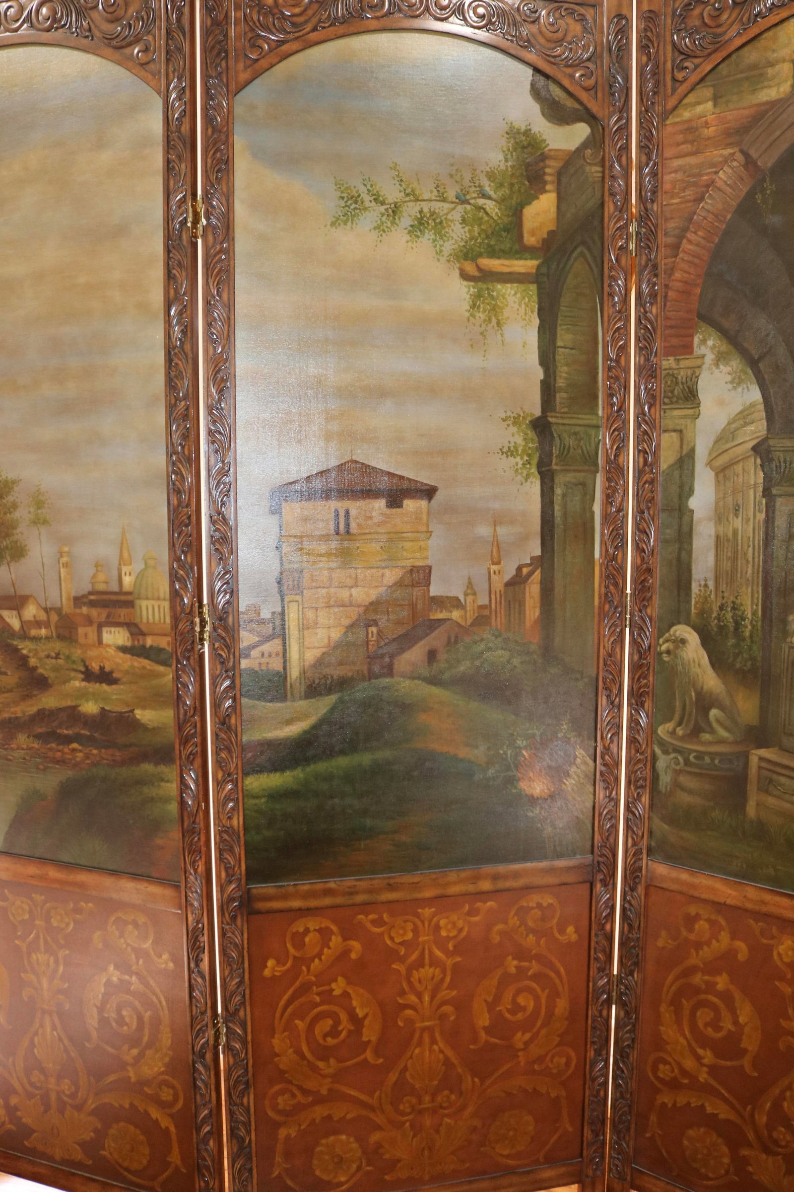 Italian Vintage Hand Carved Wood Room Divider Screen With Painted Scene of Tuscany Landscape - 3
