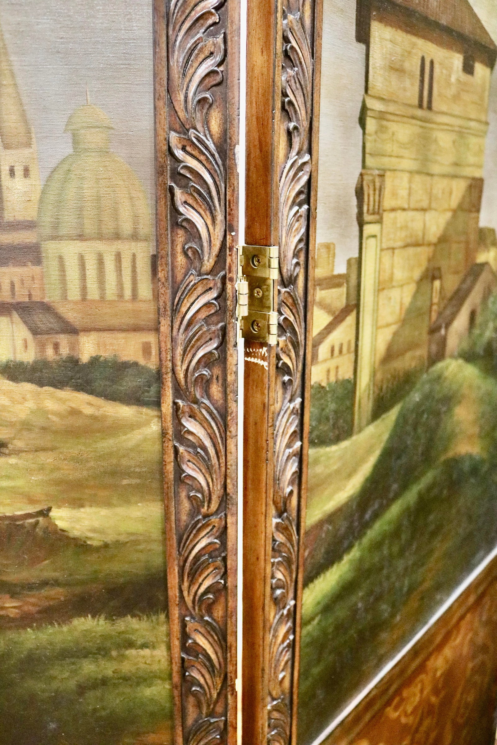 Italian Vintage Hand Carved Wood Room Divider Screen With Painted Scene of Tuscany Landscape - 6