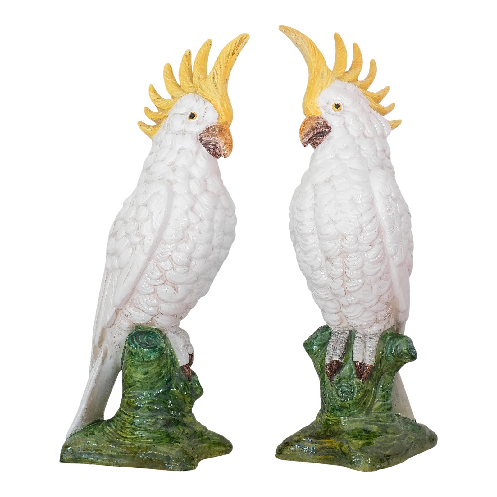 Vintage Ceramic Italian Cockatoo Pair: Vintage ceramic cockatoo pair, in good overall condition. One of the birds has two small ships on the back (see photo). Condition: Alterations: Original Condition Unaltered Imperfections: Some