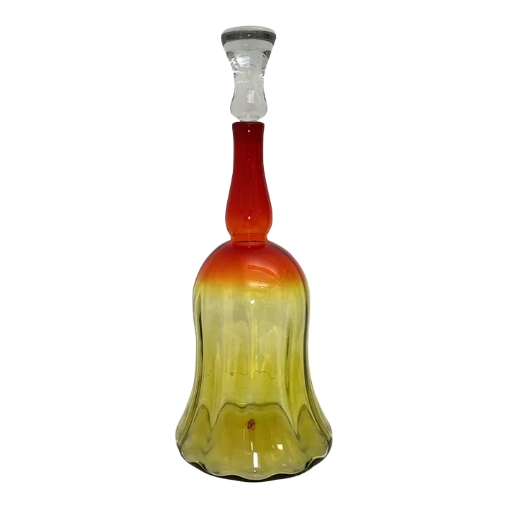 Mid-Century Blenko Amberina Bell Shape Decanter: Vintage Blenko Amberina Art Glass Bell Shaped Decanter with Stopper, Joel Philip Myers, is in a retro design. The pontil mark shows authenticity of the blown glass. FYI: Joel Philip Myers graduated
