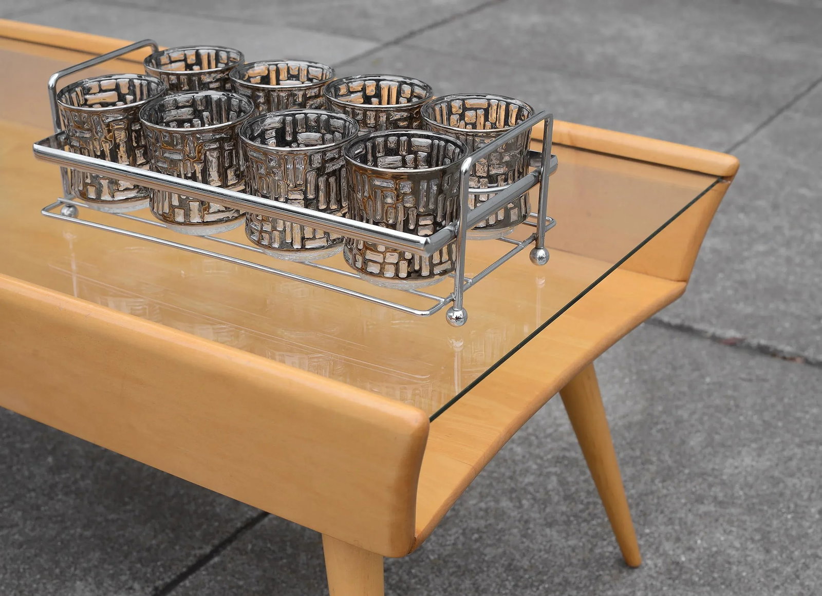 Vintage Libbey Brutalist Artica Platinum Glasses Lowballs With Caddy Barware - Set of 8 - 12