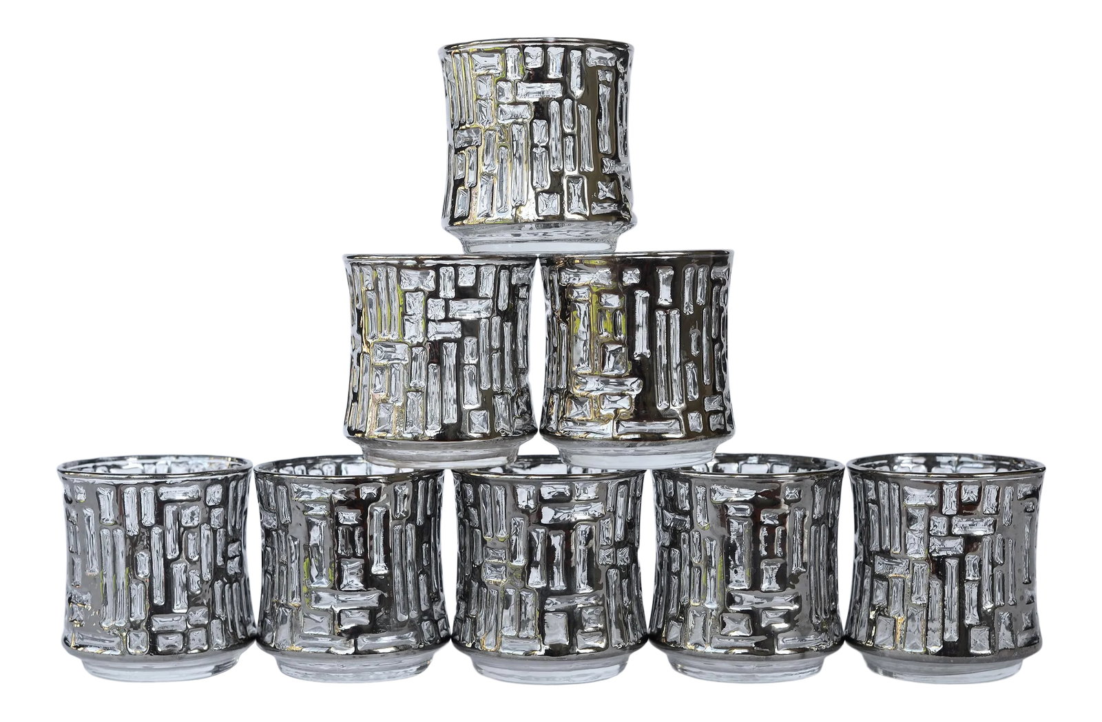 Vintage Libbey Brutalist Artica Platinum Glasses Lowballs With Caddy Barware - Set of 8: LIbbey's platinum Artica line is truly one of the great designs of mid century modern brutalist barware ever! Presented here is a very rare set of 8 lowballs complete with a caddy, which is nearly