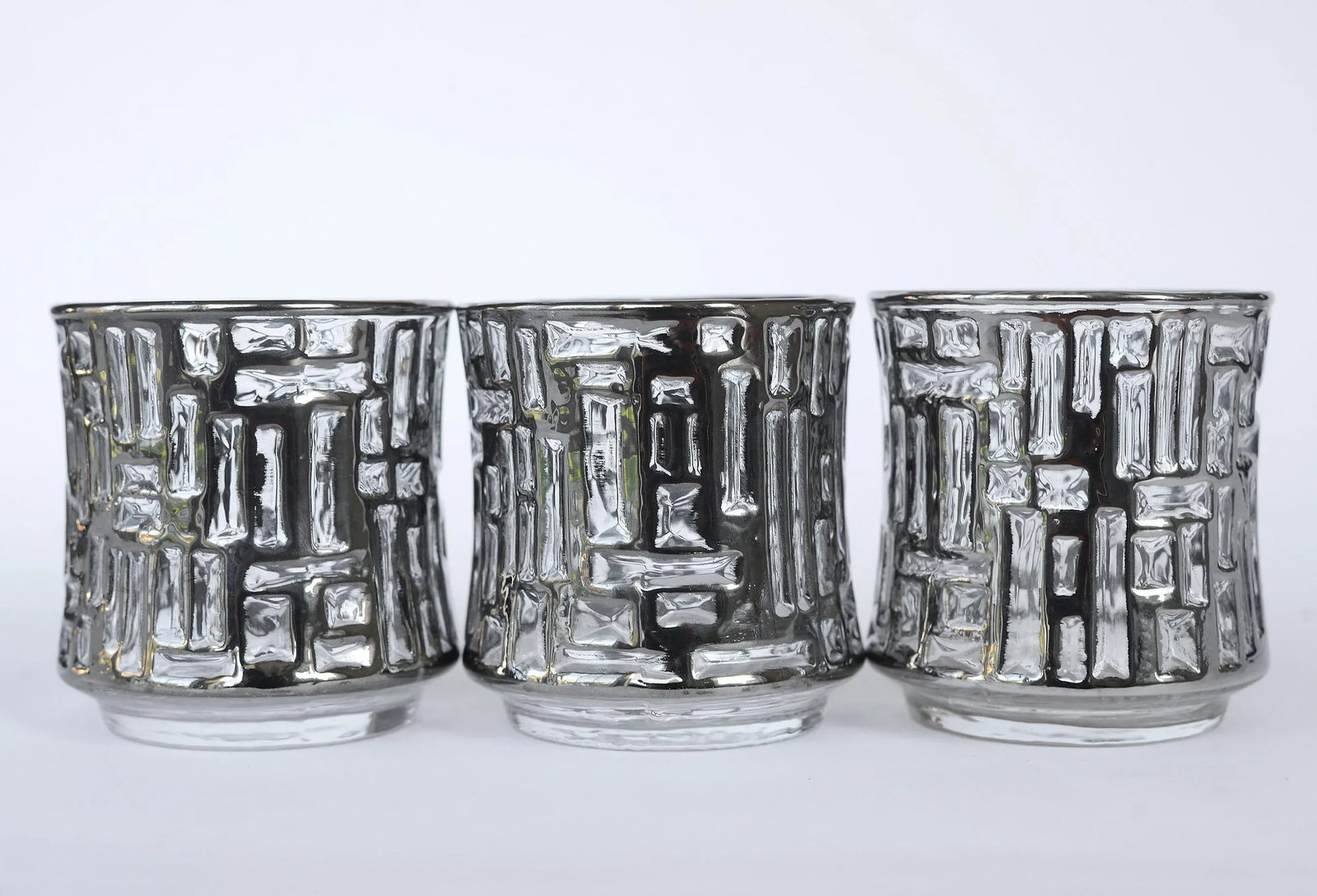 Vintage Libbey Brutalist Artica Platinum Glasses Lowballs With Caddy Barware - Set of 8 - 6