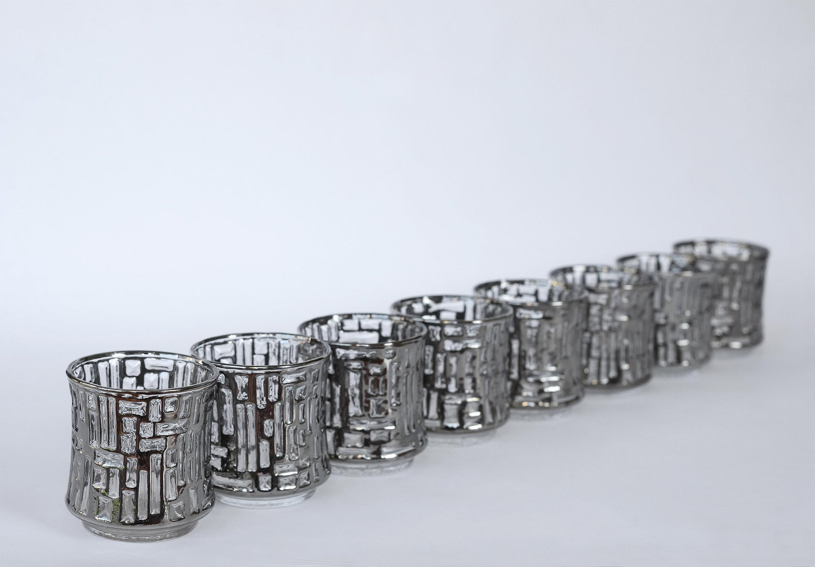 Vintage Libbey Brutalist Artica Platinum Glasses Lowballs With Caddy Barware - Set of 8 - 8