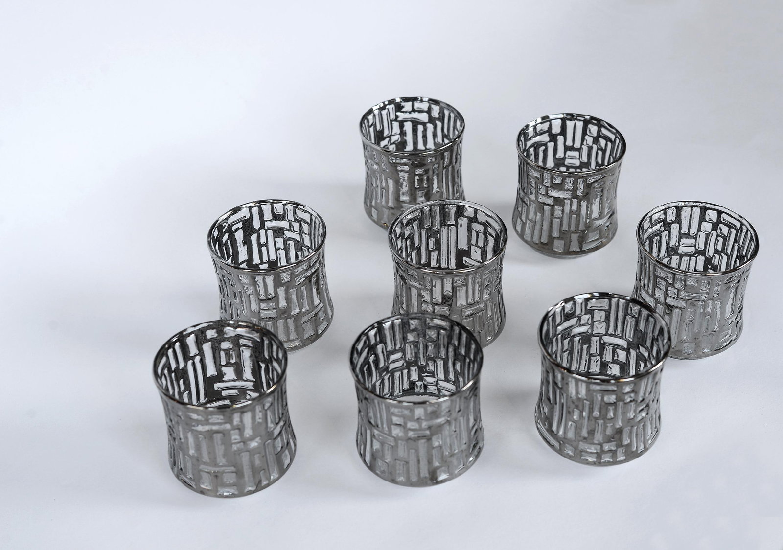 Vintage Libbey Brutalist Artica Platinum Glasses Lowballs With Caddy Barware - Set of 8 - 9