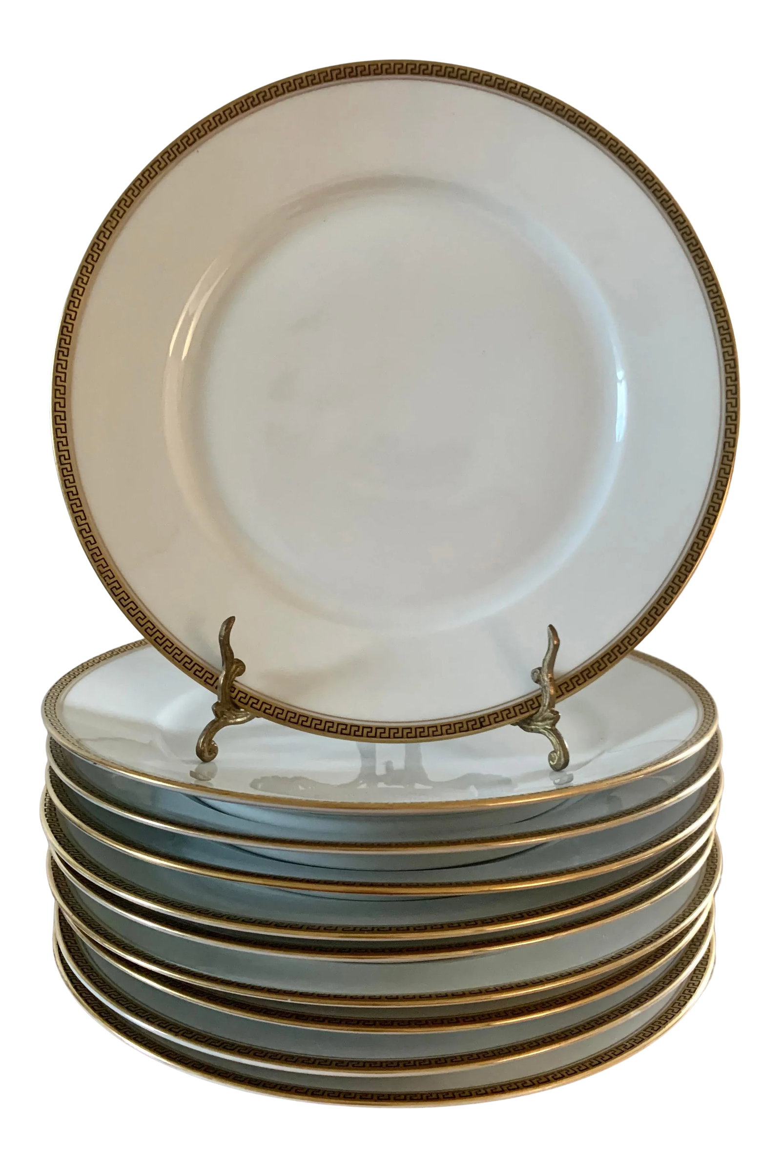 Antique German Greek Key Rimmed Luncheon Plates by Kpm, 1920s: A gorgeous set of ten Greek key rimmed luncheon plates By KPM Porcelain Germany, Circa 1920s Measures: 8.88"W x 8.88"D x 1"H. Excellent original condition. Condition: Alterations: Original Condition