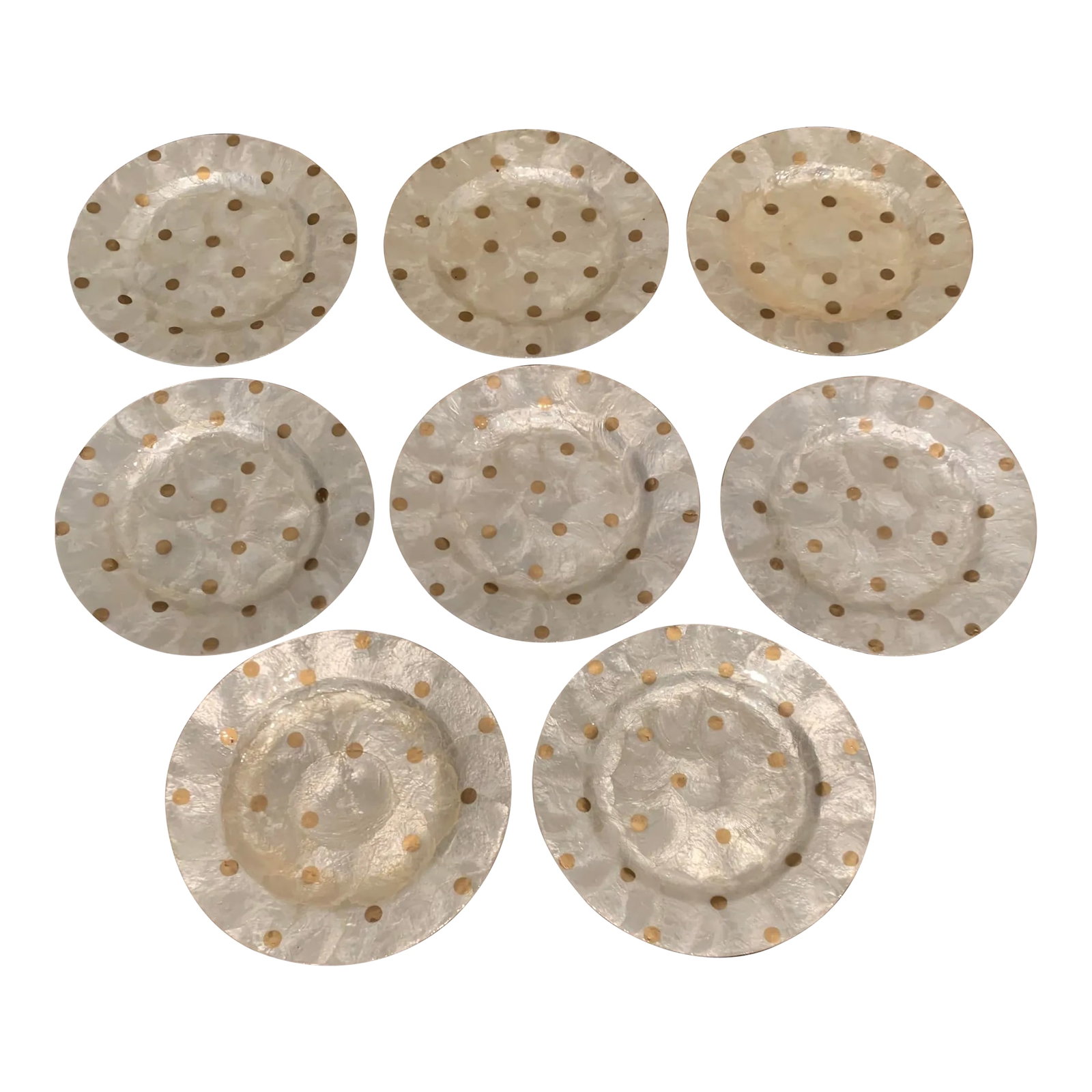 Vintage Capiz Shell Dishes - Set of 8: Vintage capiz shell dessert dishes with gold circles. By Carnvale of Nashville. Set of 8 Condition: Alterations: Original Condition Unaltered Imperfections: Some Imperfections Condition Notes: Very