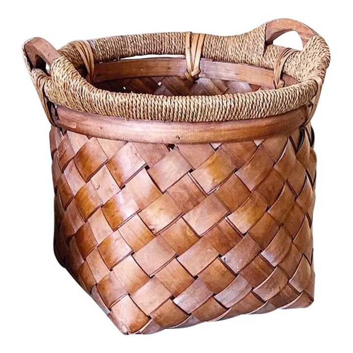 Vintage Woven Reed and Twine Wood Basket With Handles (1 of 6)